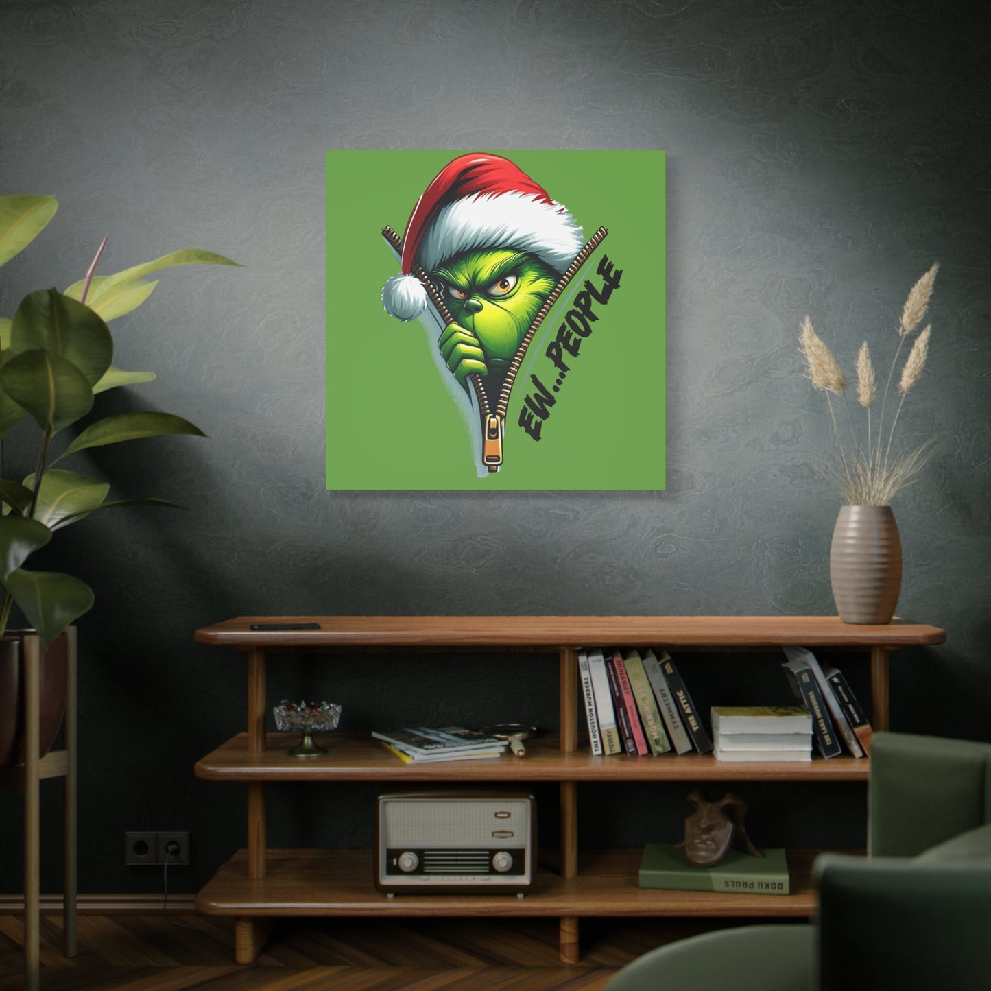 Grinch Canvas Art: 'Ewww People' Zipper Design for Fun Decor, Playful Grinch Canvas Wall Art - 'Ewww People' 3D Zipper Design