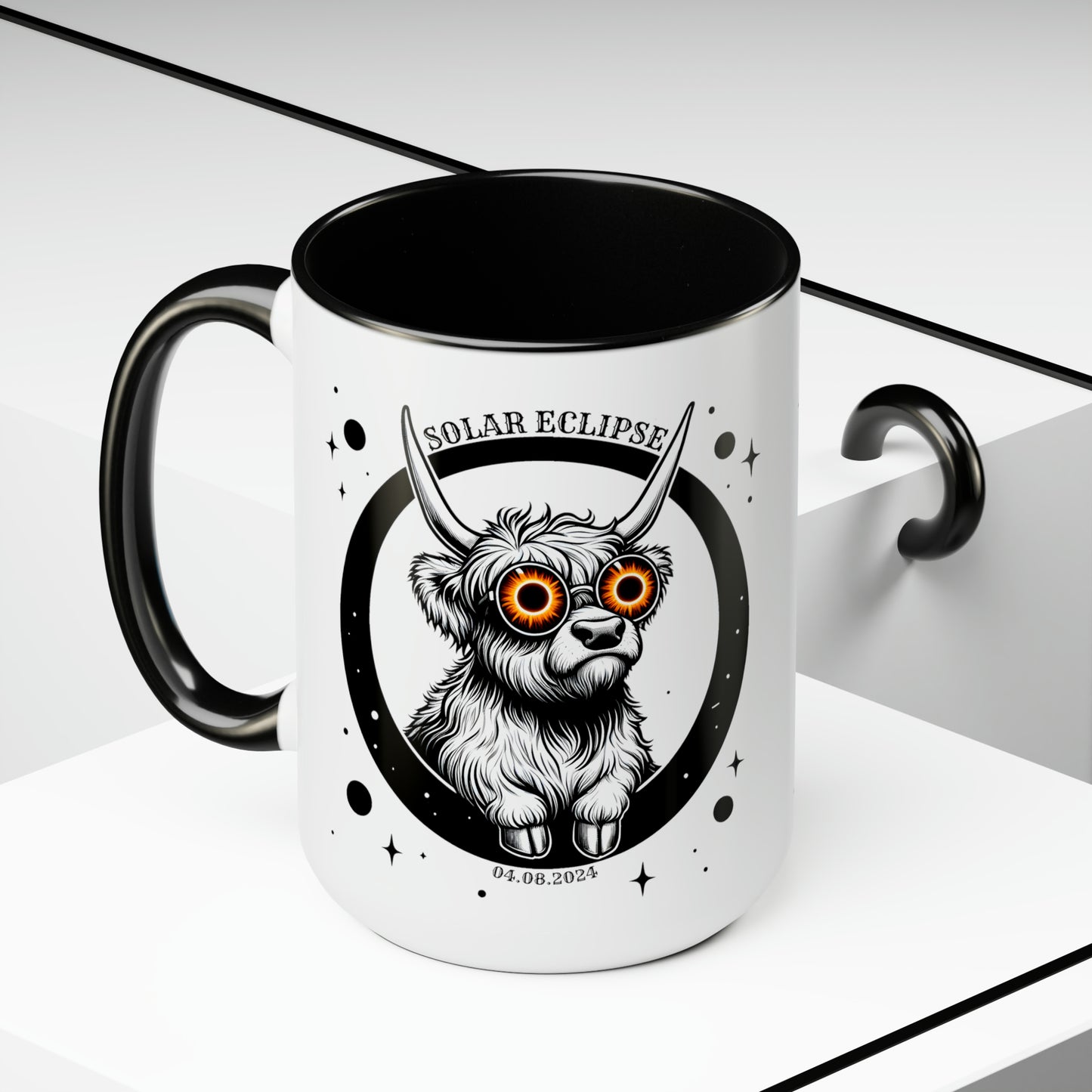 Celestial Highland Cow 15 oz Mug - Solar Eclipse April 8 2024 Souvenir, Highland Cow Solar Eclipse 15 oz Mug - April 8 2024 Pictorial Design
