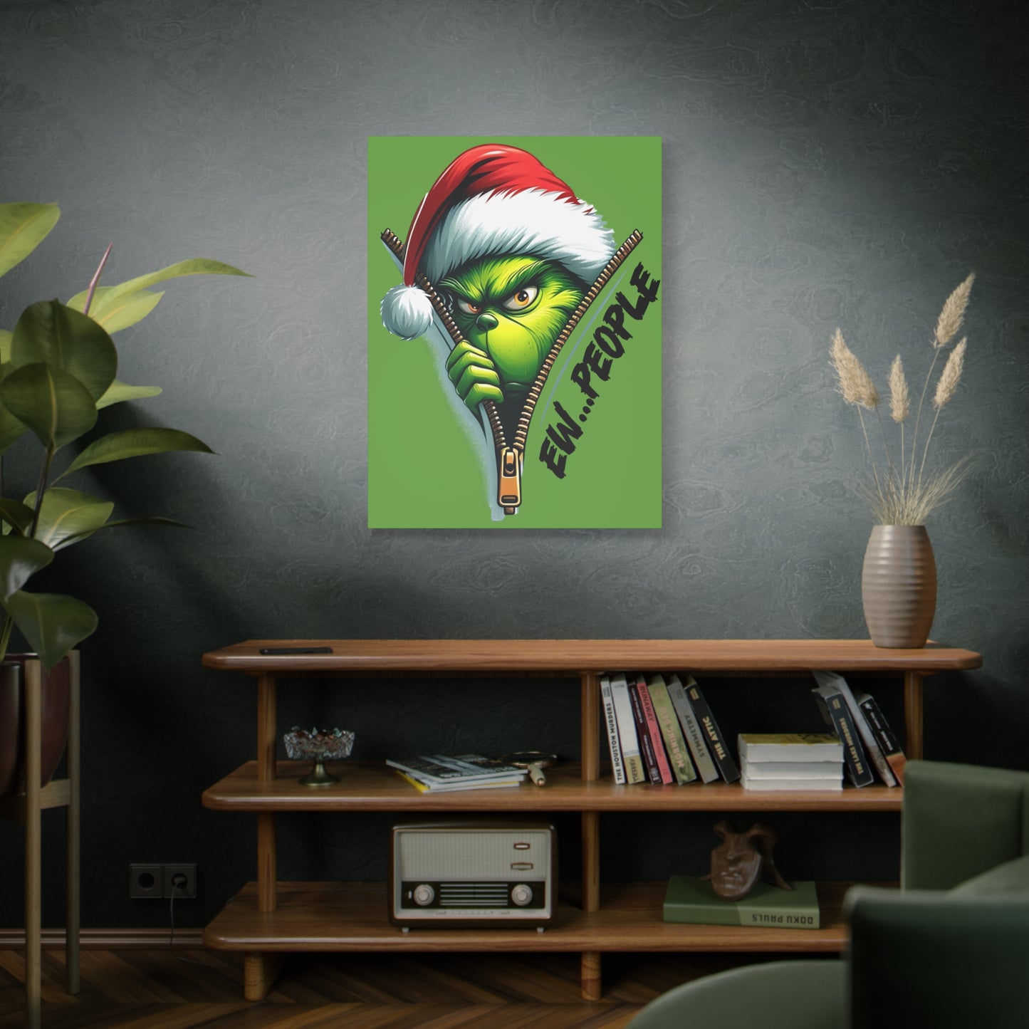 Grinch Canvas Art: 'Ewww People' Zipper Design for Fun Decor, Playful Grinch Canvas Wall Art - 'Ewww People' 3D Zipper Design