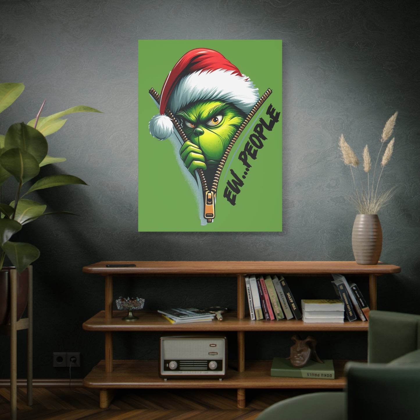 Grinch Canvas Art: 'Ewww People' Zipper Design for Fun Decor, Playful Grinch Canvas Wall Art - 'Ewww People' 3D Zipper Design