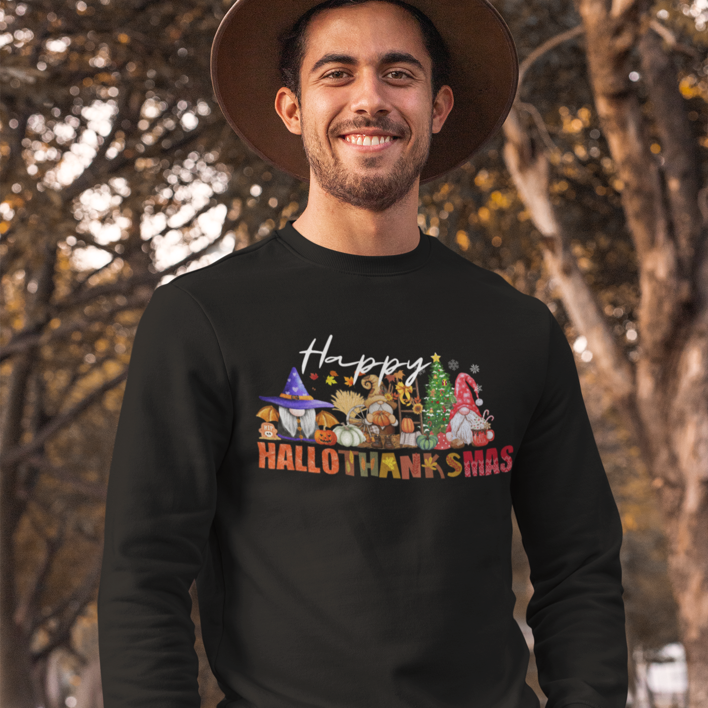 Happy Hallothanksmas Sweatshirt , Halloween Sweatshirt, Thanksgiving Shirt, Christmas Shirt, Coffee Pumpkin Spice Iced, Gnome Sweatshirt