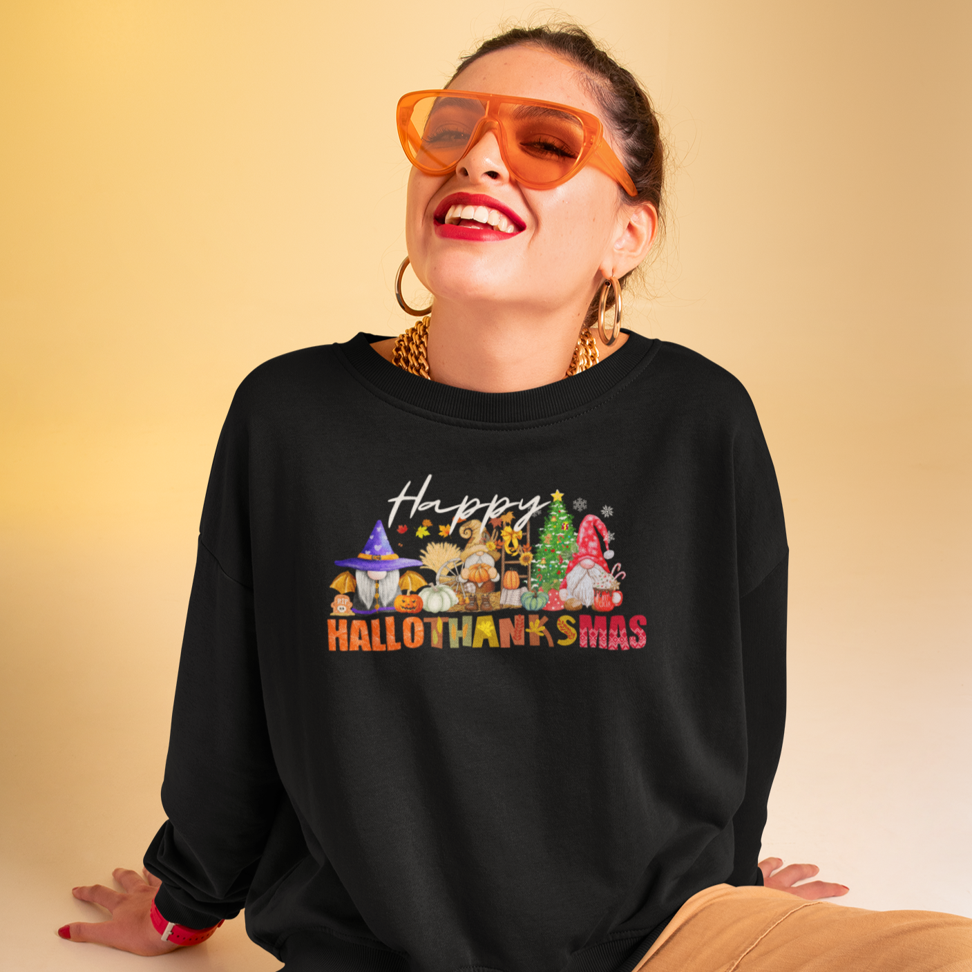Happy Hallothanksmas Sweatshirt , Halloween Sweatshirt, Thanksgiving Shirt, Christmas Shirt, Coffee Pumpkin Spice Iced, Gnome Sweatshirt