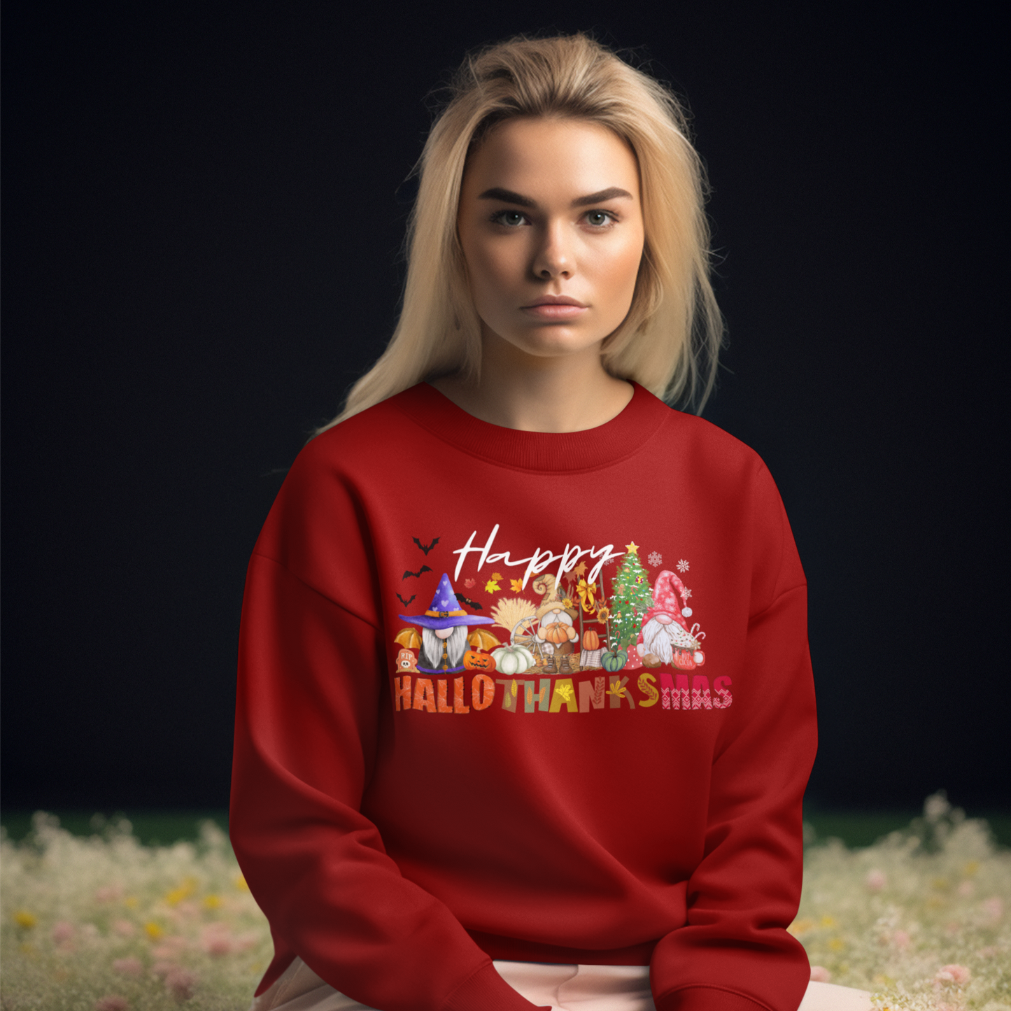 Happy Hallothanksmas Sweatshirt , Halloween Sweatshirt, Thanksgiving Shirt, Christmas Shirt, Coffee Pumpkin Spice Iced, Gnome Sweatshirt