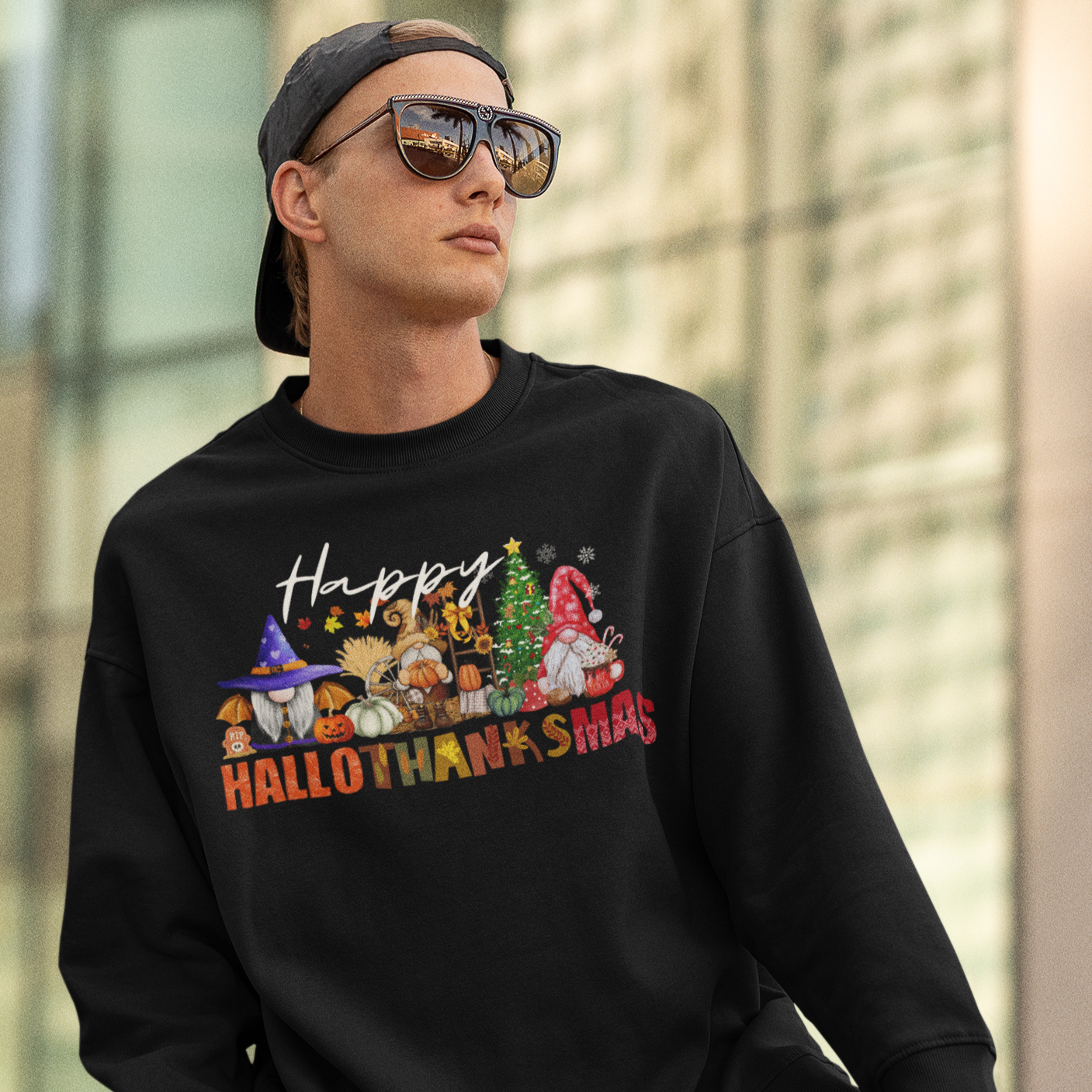 Happy Hallothanksmas Sweatshirt , Halloween Sweatshirt, Thanksgiving Shirt, Christmas Shirt, Coffee Pumpkin Spice Iced, Gnome Sweatshirt