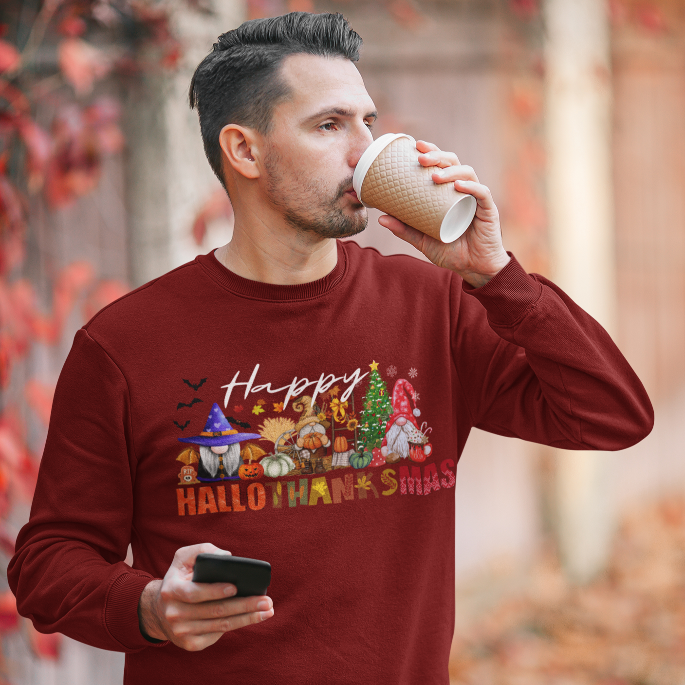 Happy Hallothanksmas Sweatshirt , Halloween Sweatshirt, Thanksgiving Shirt, Christmas Shirt, Coffee Pumpkin Spice Iced, Gnome Sweatshirt