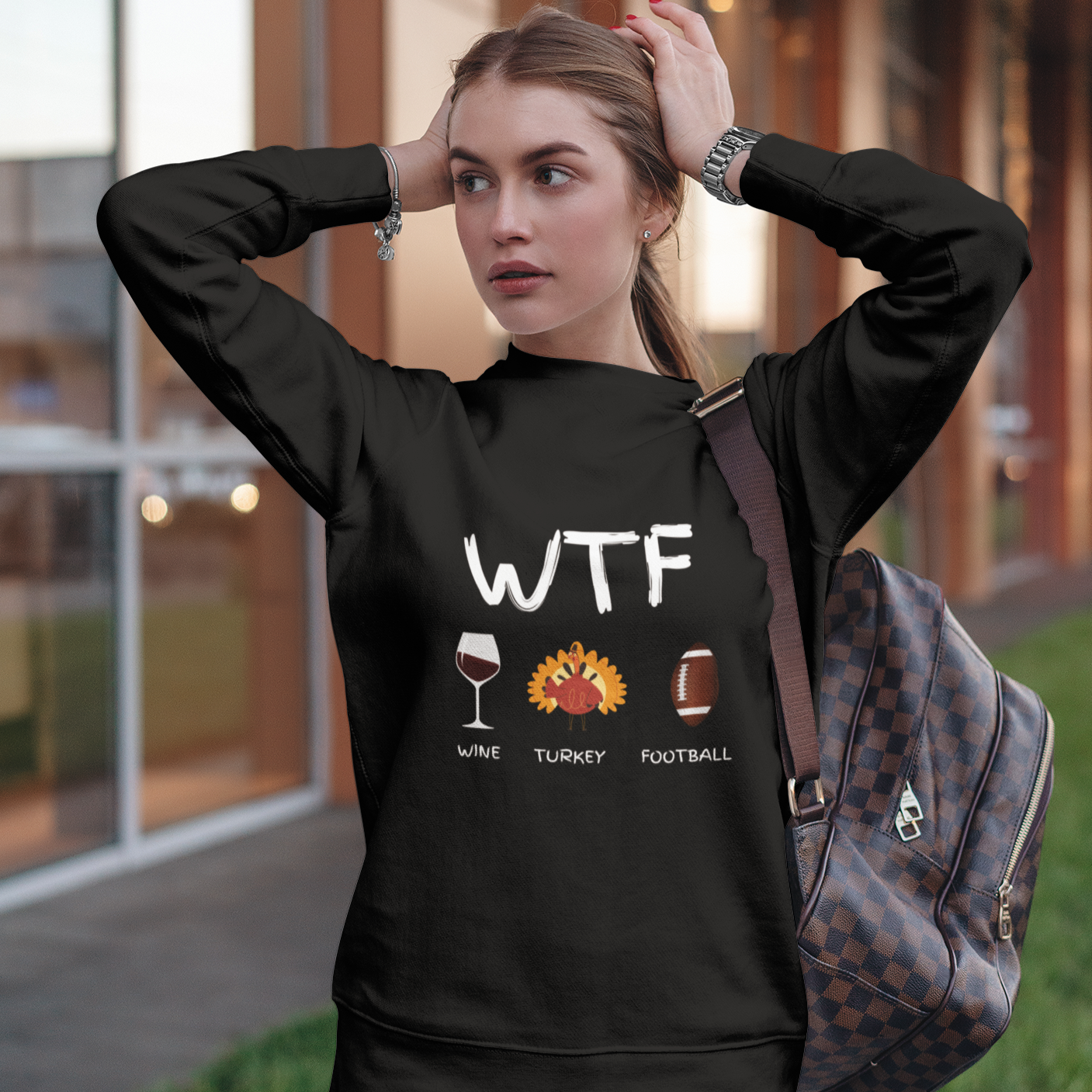 WTF, Wine, Turkey, Football, Fall Coffee Sweatshirt for Women, Vintage Thanksgiving Sweater, Fall Crewneck WTF Sweatshirt, Autumn Sweatshirt