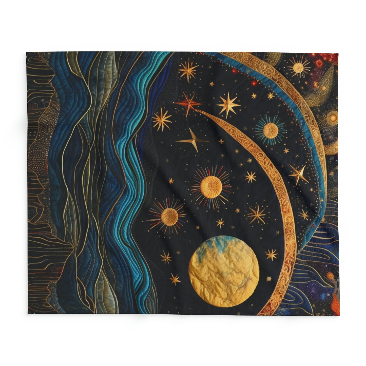 Cosmic Painting Inspired Fleece Blanket: Quilt of Solar and Lunar Motifs for Art Lovers, Arctic Fleece Blanket