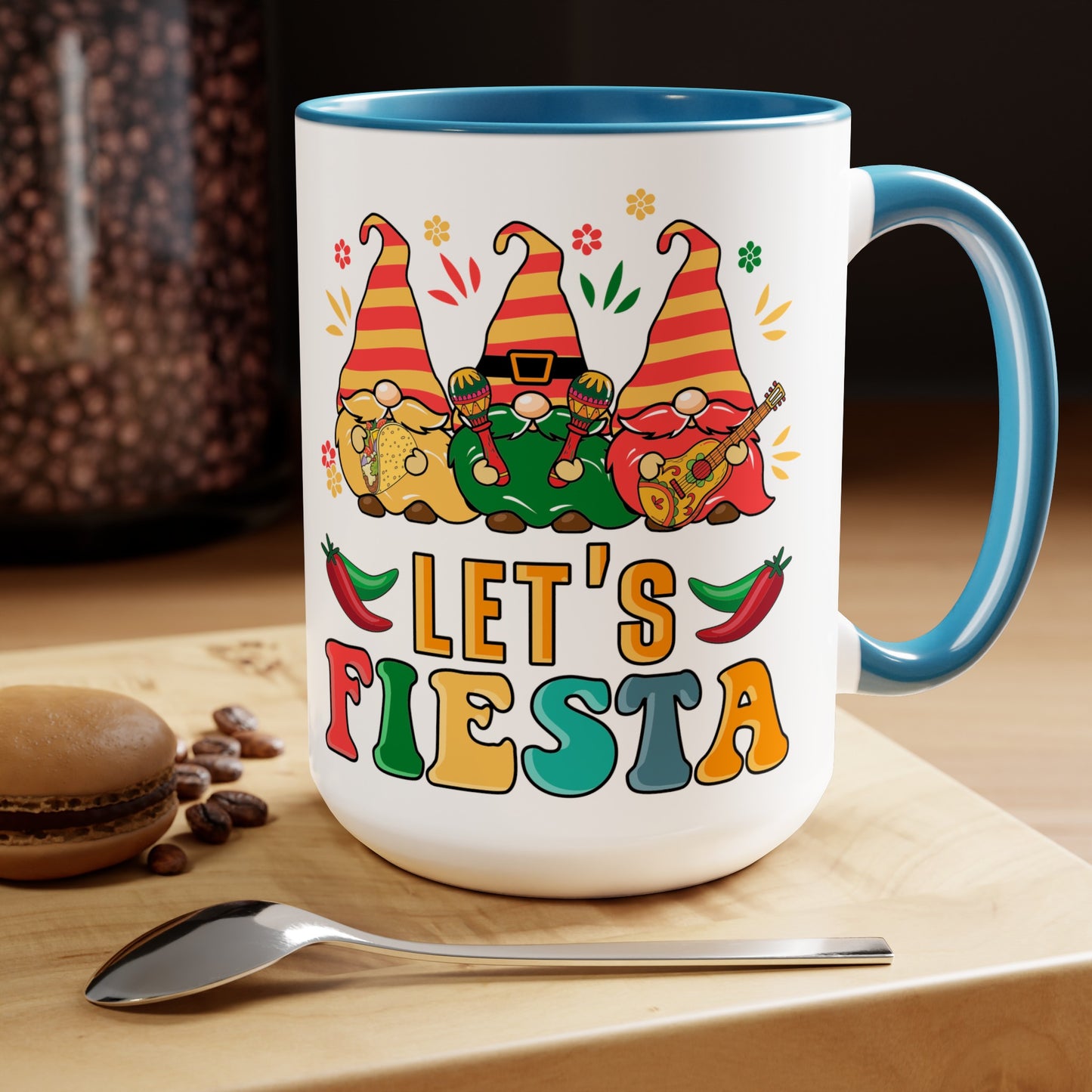 Fiesta Flare Gnomes Mug - Let's Fiesta 15 oz Ceramic Cup, Colorful Fiesta Gnomes 15 oz Mug - Let's Fiesta Party Vibes