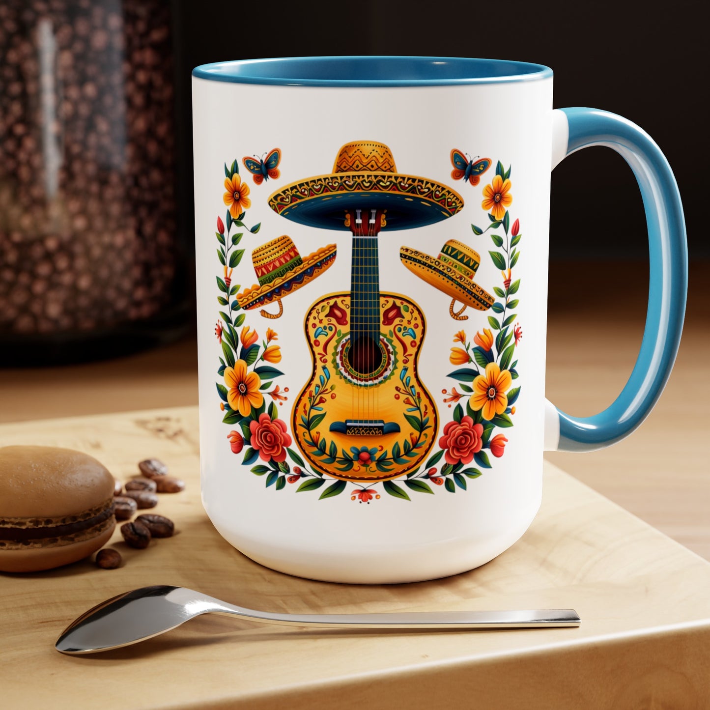 Mexican Inspired 15 oz. Mug featuring Guitars, Sombreros, & Vibrant Flowers - Gift for Music and Nature Lovers