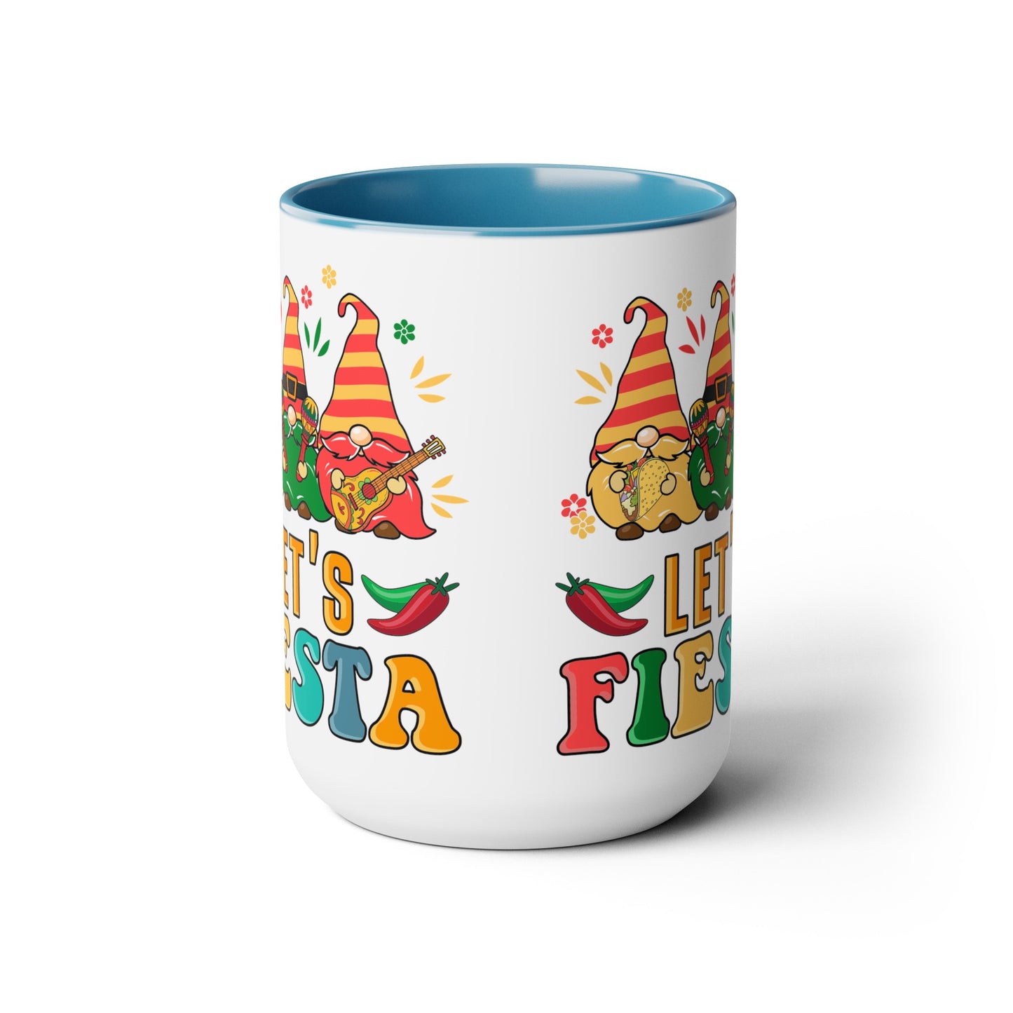 Fiesta Flare Gnomes Mug - Let's Fiesta 15 oz Ceramic Cup, Colorful Fiesta Gnomes 15 oz Mug - Let's Fiesta Party Vibes