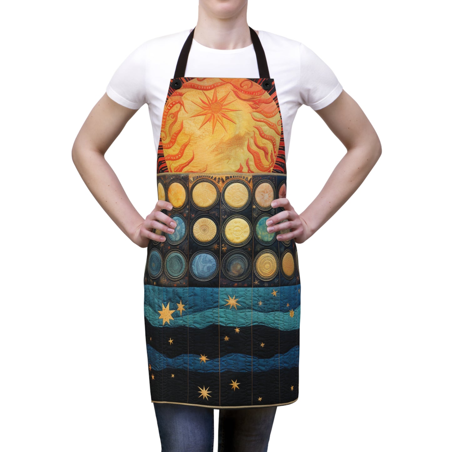 Galaxy-inspired Stars and Universe Quilt-pattern Apron with Sun and Planets Design, Celestial Delight: Sun, Planets, and Stars Quilt-pattern