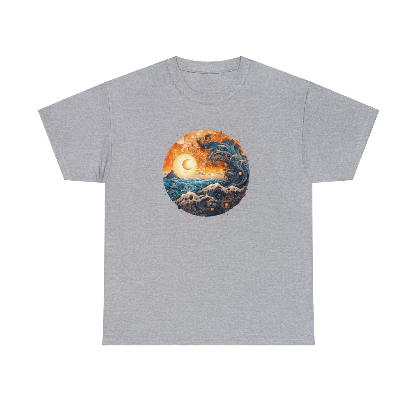 Vintage Inspired Ocean Wave Swallows Sun Eclipse T-Shirt - Retro Surf Tee, Boho Style Ocean Wave Unisex Heavy Cotton Tee