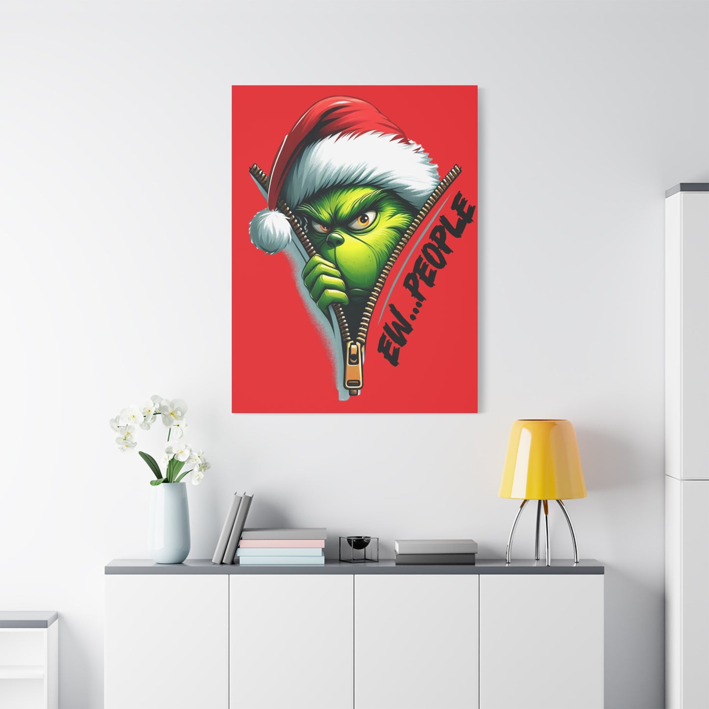 Red Grinch Canvas Art: 'Ewww People' Zipper Design for Fun Decor, Playful Grinch Canvas Wall Art - 'Ewww People' 3D Zipper Design