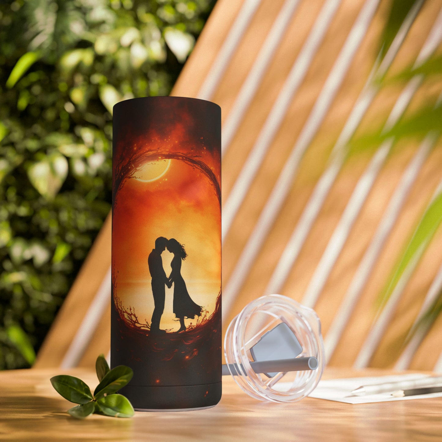 Romantic Eclipse Bliss: Two Lovers Embracing on a 20 oz. Tumbler, Celestial Love Maars Maker Skinny Matte Tumbler, 20oz