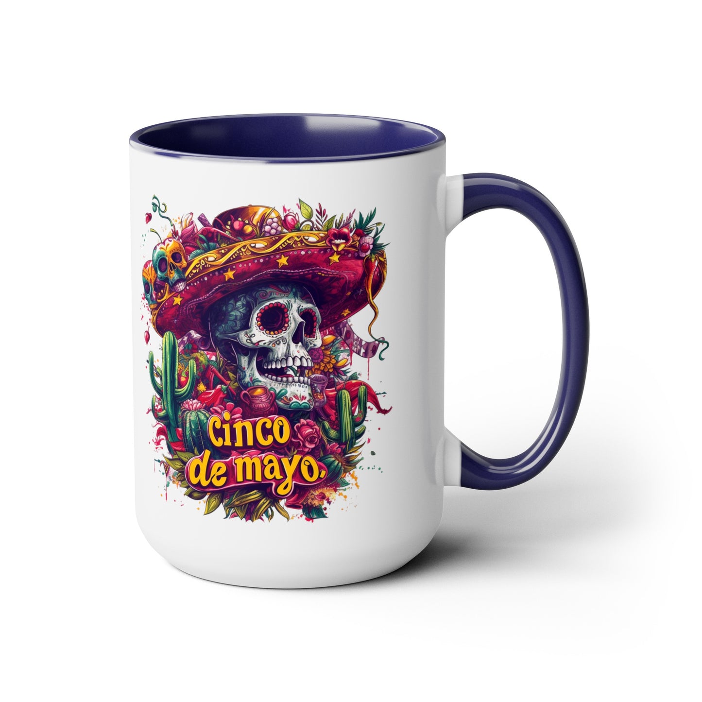 Festive Skull Design Cinco de Mayo Mug - Day of the Dead Inspired, Colorful Decorated Skull Mug for Cinco de Mayo - 15 oz. Capacity