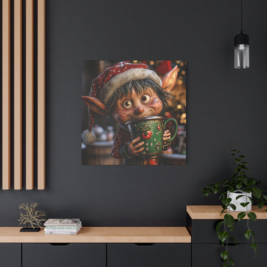 Whimsical Christmas Elf Wall Art - Cheerful Coffee-Loving Decor for the Holidays,Festive Canvas Art,Humorous Xmas Elf with Giant Coffee Mug