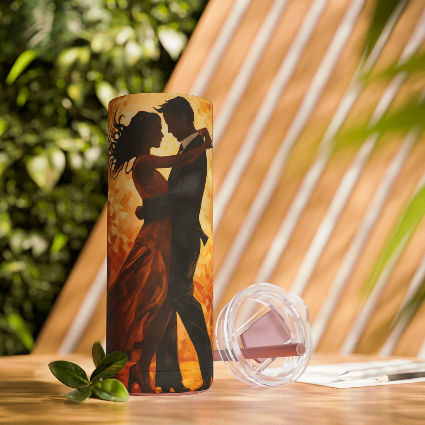 Sizzling Romance - Vibrant Background 20 oz Tumbler with Two Dancing Lovers, Maars Maker Skinny Matte Tumbler, 20oz