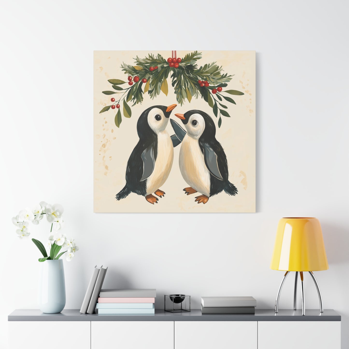 Adorable Christmas Wall Art: Penguins' Awkward Mistletoe Moment, Cute Cartoon Penguins Under Mistletoe - Funny Christmas Canvas Wall Art