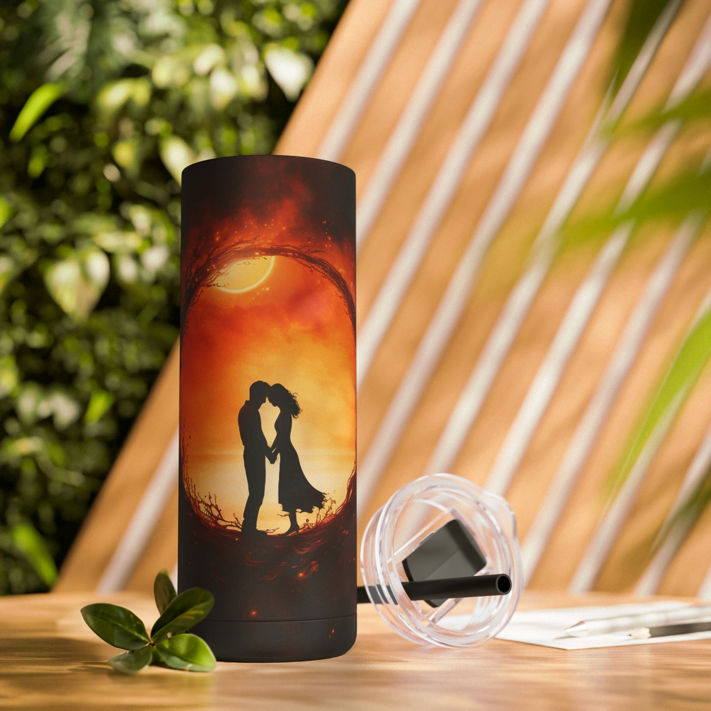 Romantic Eclipse Bliss: Two Lovers Embracing on a 20 oz. Tumbler, Celestial Love Maars Maker Skinny Matte Tumbler, 20oz