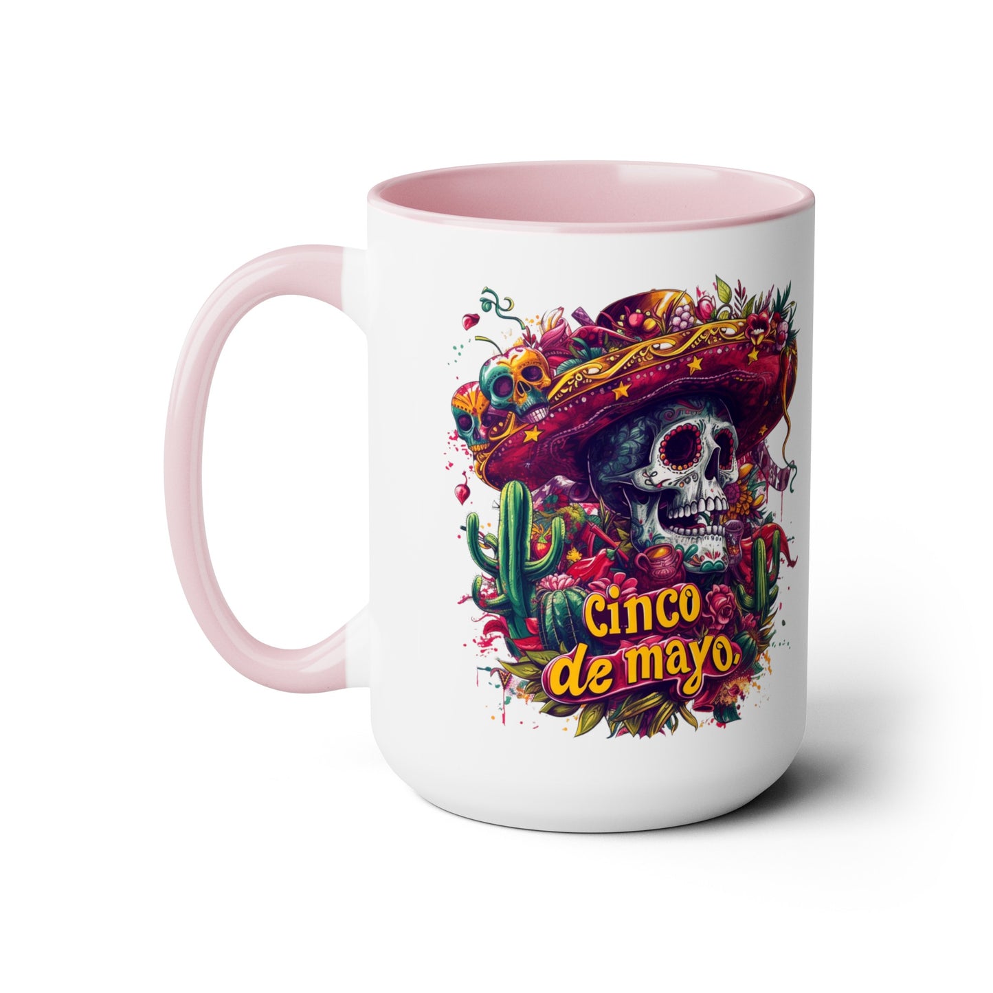 Festive Skull Design Cinco de Mayo Mug - Day of the Dead Inspired, Colorful Decorated Skull Mug for Cinco de Mayo - 15 oz. Capacity