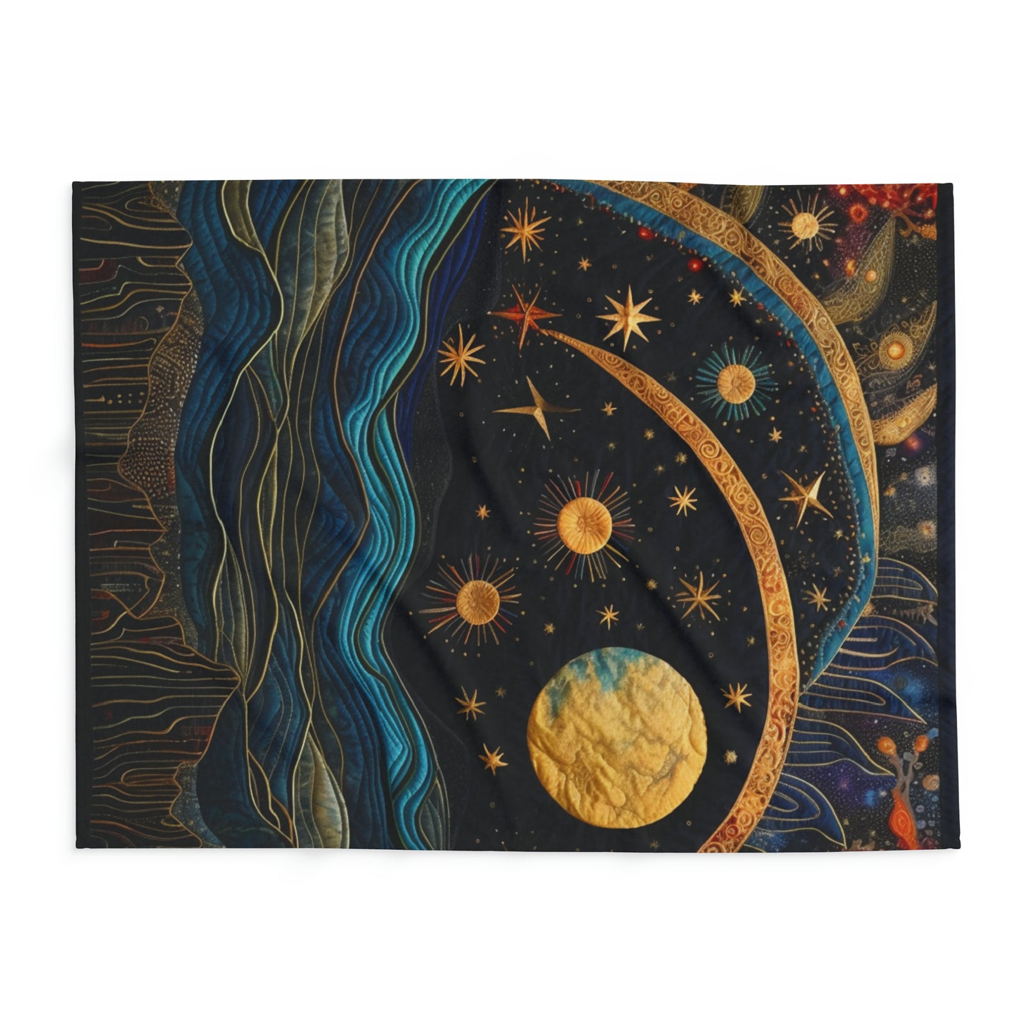 Cosmic Painting Inspired Fleece Blanket: Quilt of Solar and Lunar Motifs for Art Lovers, Arctic Fleece Blanket