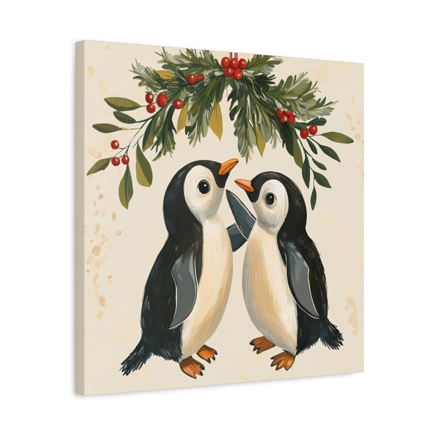 Adorable Christmas Wall Art: Penguins' Awkward Mistletoe Moment, Cute Cartoon Penguins Under Mistletoe - Funny Christmas Canvas Wall Art