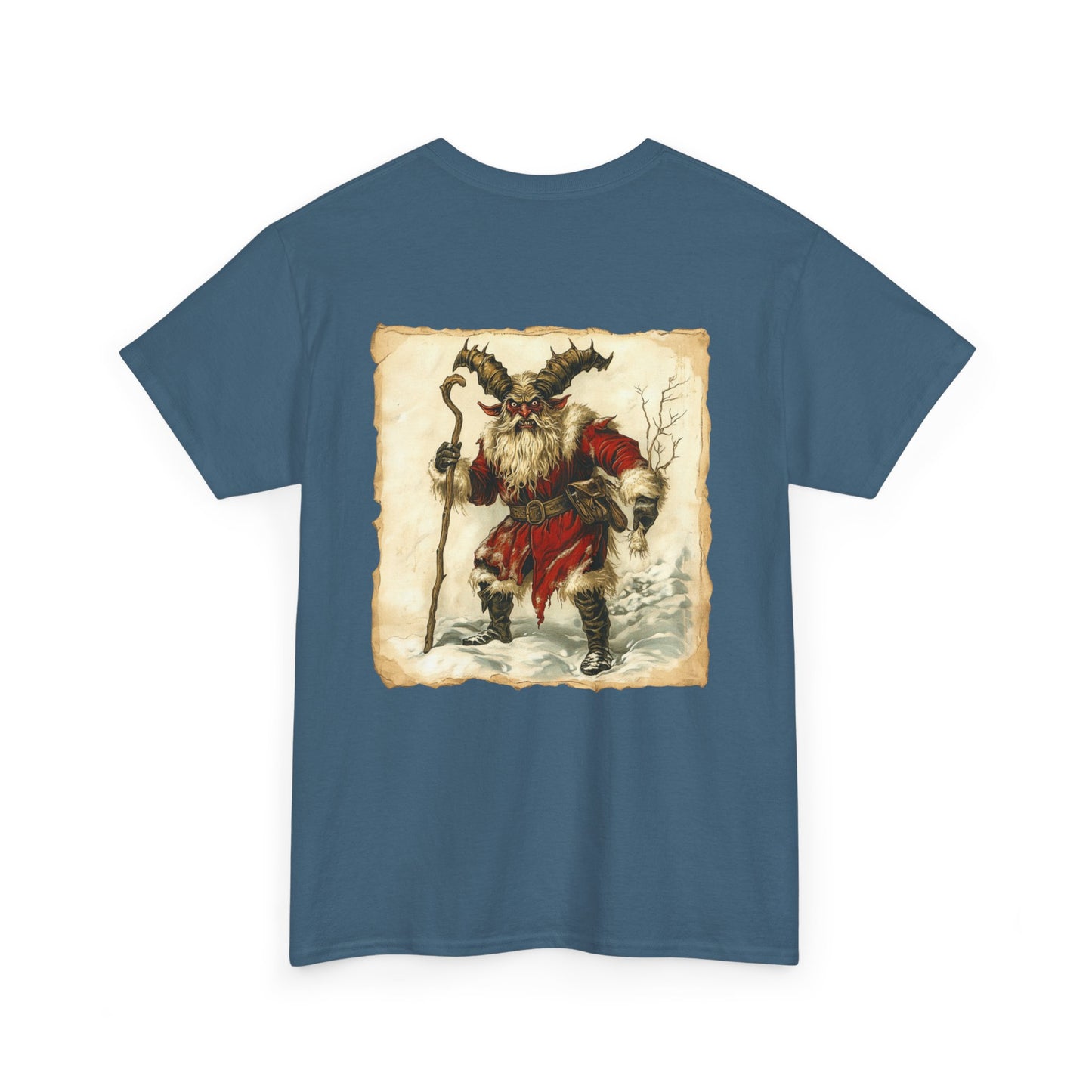 Vintage Krampus Unisex T-Shirt on Back, Dark Christmas Holiday, Xmas Devil Creature, Skeletal Reindeer, Santa Skull, Merry Creepmas