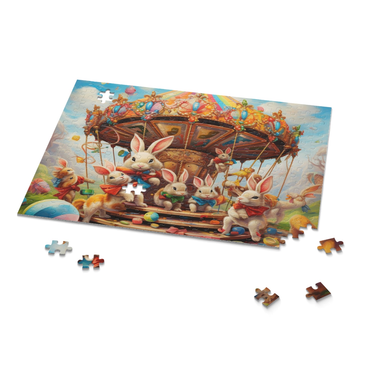 Easter Bunny Carousel Puzzle, Easter Eggs Bunny Jigsaw Puzzle (120, 252, 500-Piece) Family Puzzles, Kids Puzzle, Easter Gifts, Easter Decor