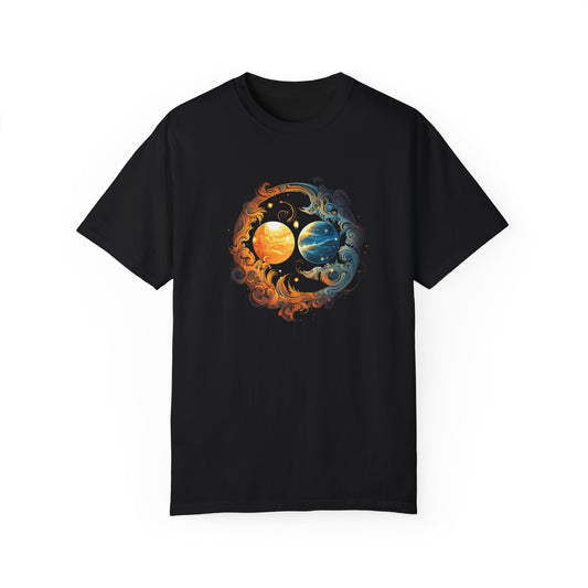 Celestial-inspired Sun and Moon Marriage T-Shirt for the Total Eclipse on April 8, 2024, Unisex Garment-Dyed T-shirt