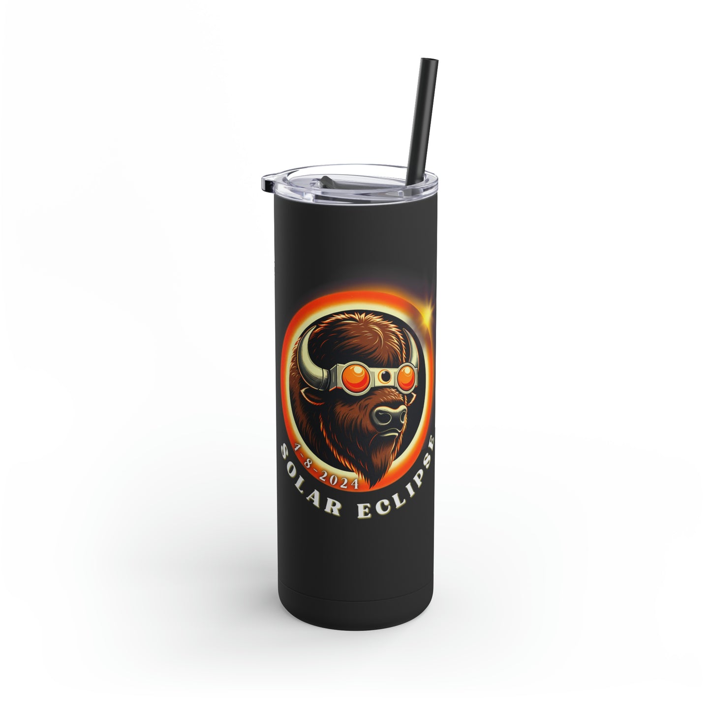 Unique Solar Eclipse Souvenir: American Buffalo Wearing Sunglasses - April 8, 2024 - 20 oz. Tumbler, Maars Maker Skinny Matte Tumbler, 20oz