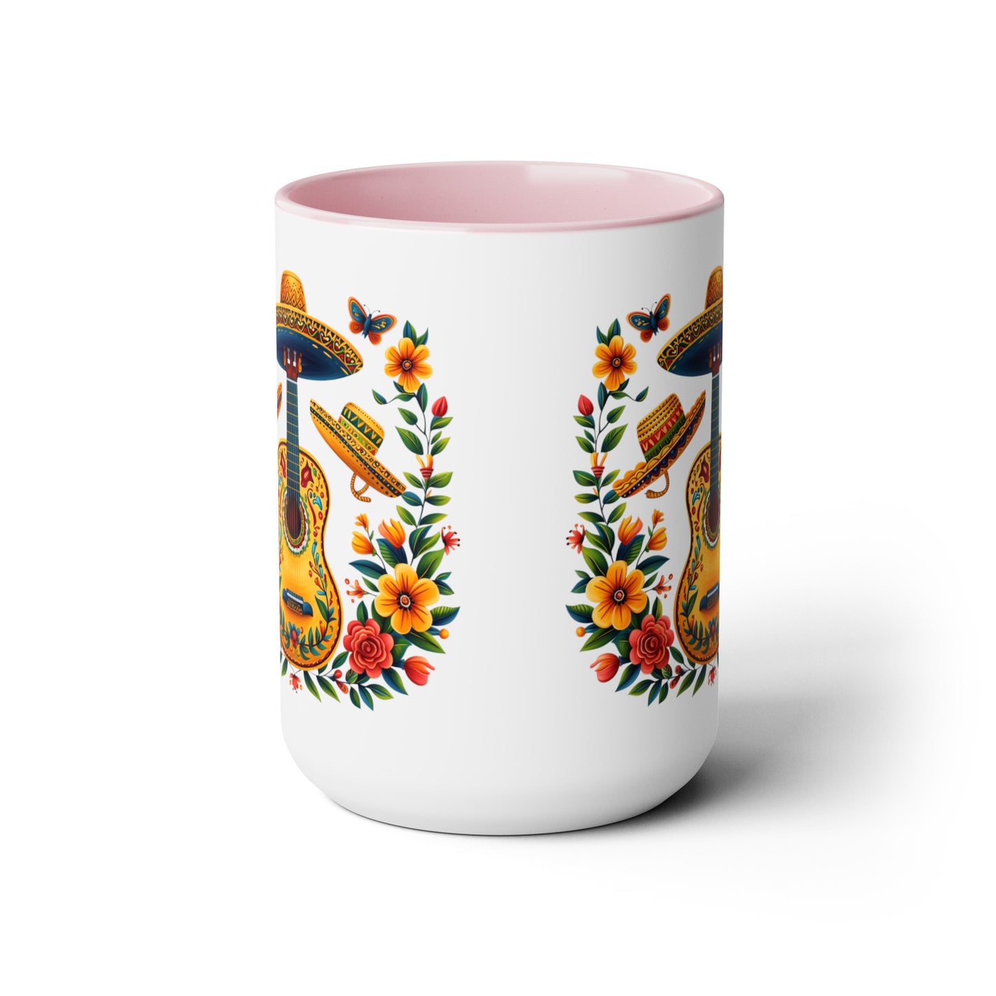 Mexican Inspired 15 oz. Mug featuring Guitars, Sombreros, & Vibrant Flowers - Gift for Music and Nature Lovers