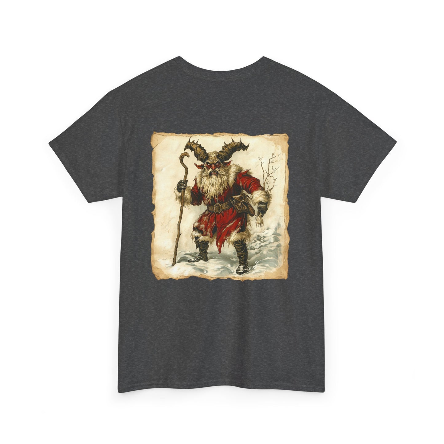 Vintage Krampus Unisex T-Shirt on Back, Dark Christmas Holiday, Xmas Devil Creature, Skeletal Reindeer, Santa Skull, Merry Creepmas