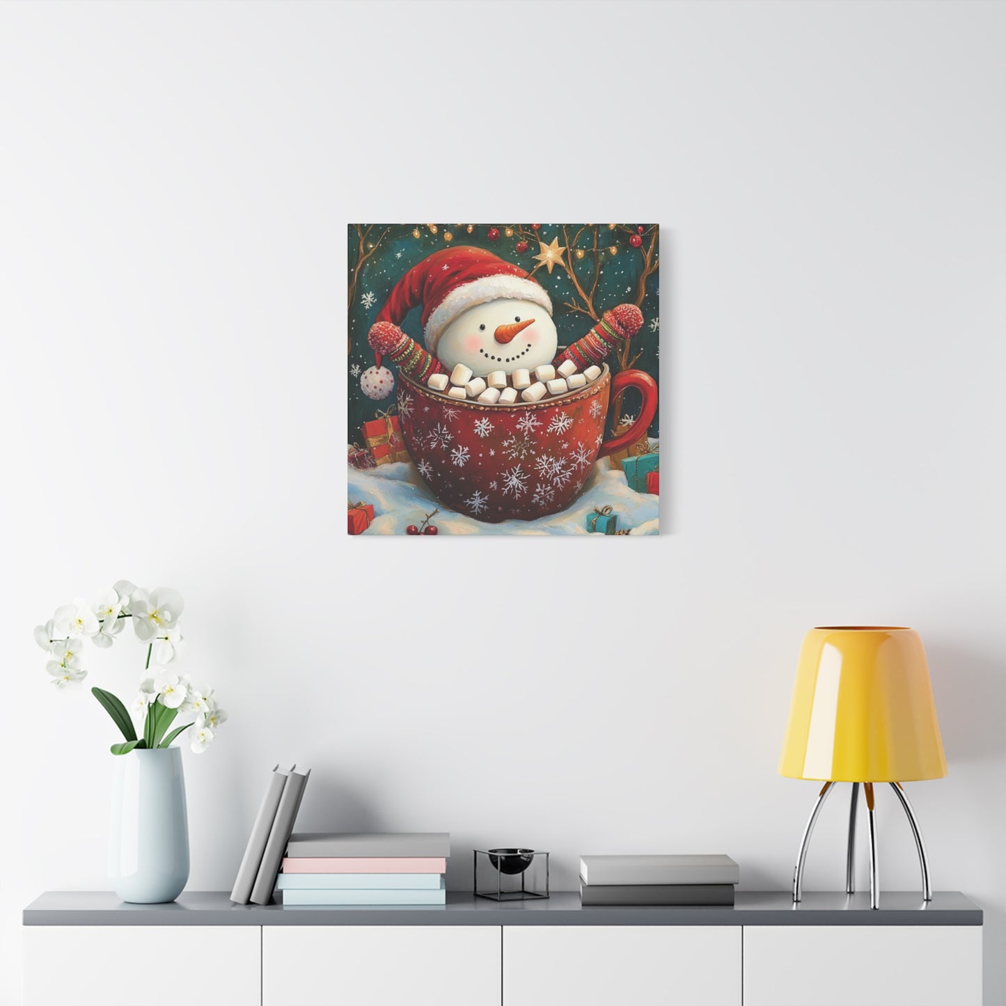 Cute Snowman Wall Art - Cozy Cocoa and Marshmallows Holiday Print, Joyful Christmas Canvas - Snowman Sipping Cocoa with Marshmallows