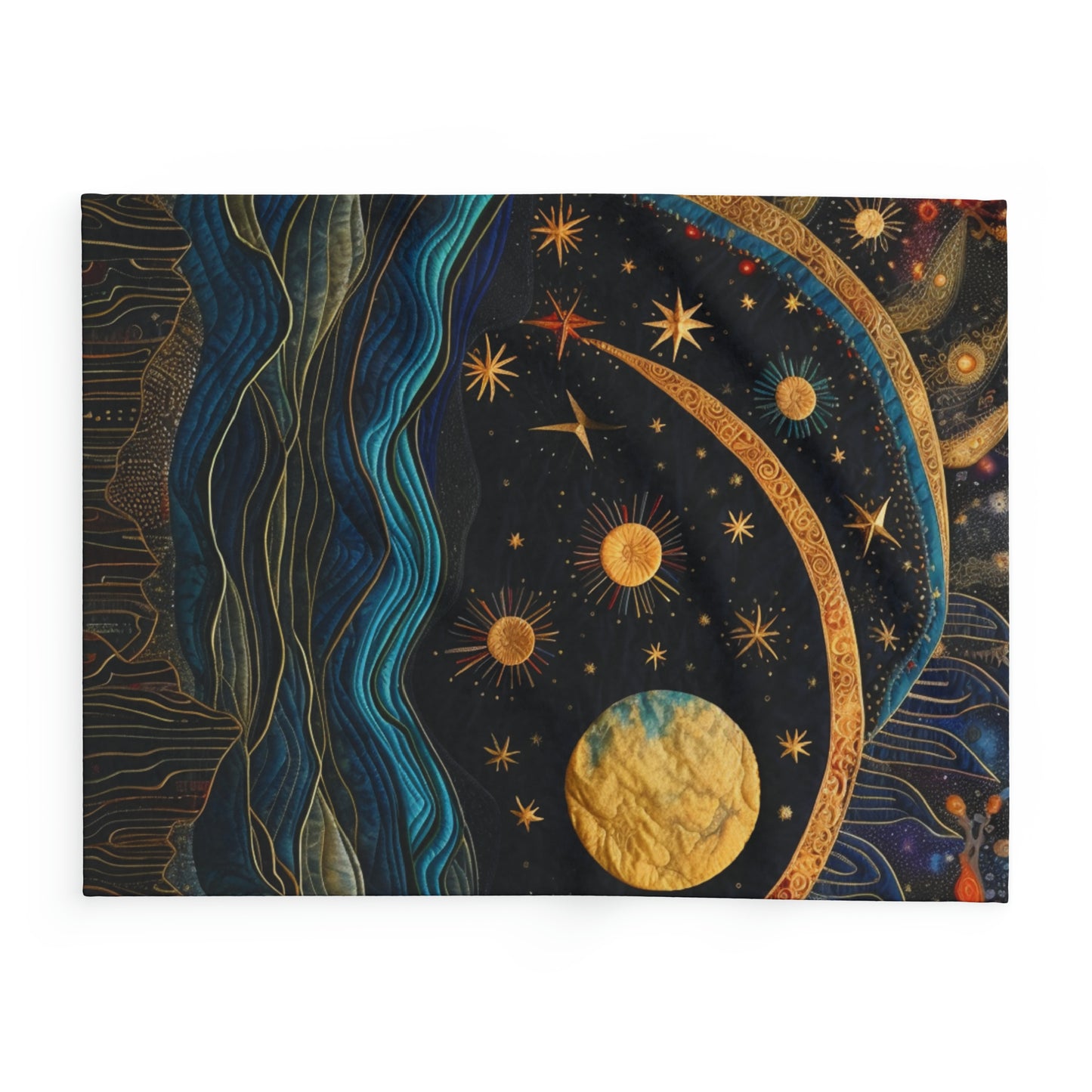 Cosmic Painting Inspired Fleece Blanket: Quilt of Solar and Lunar Motifs for Art Lovers, Arctic Fleece Blanket