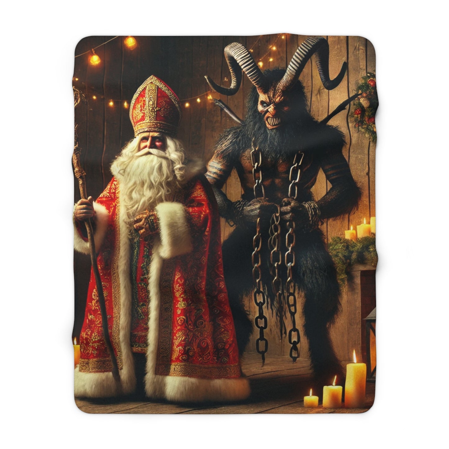 A Dark & Festive Holiday Accent Krampus and St. Nicholas Woven Throw Blanket