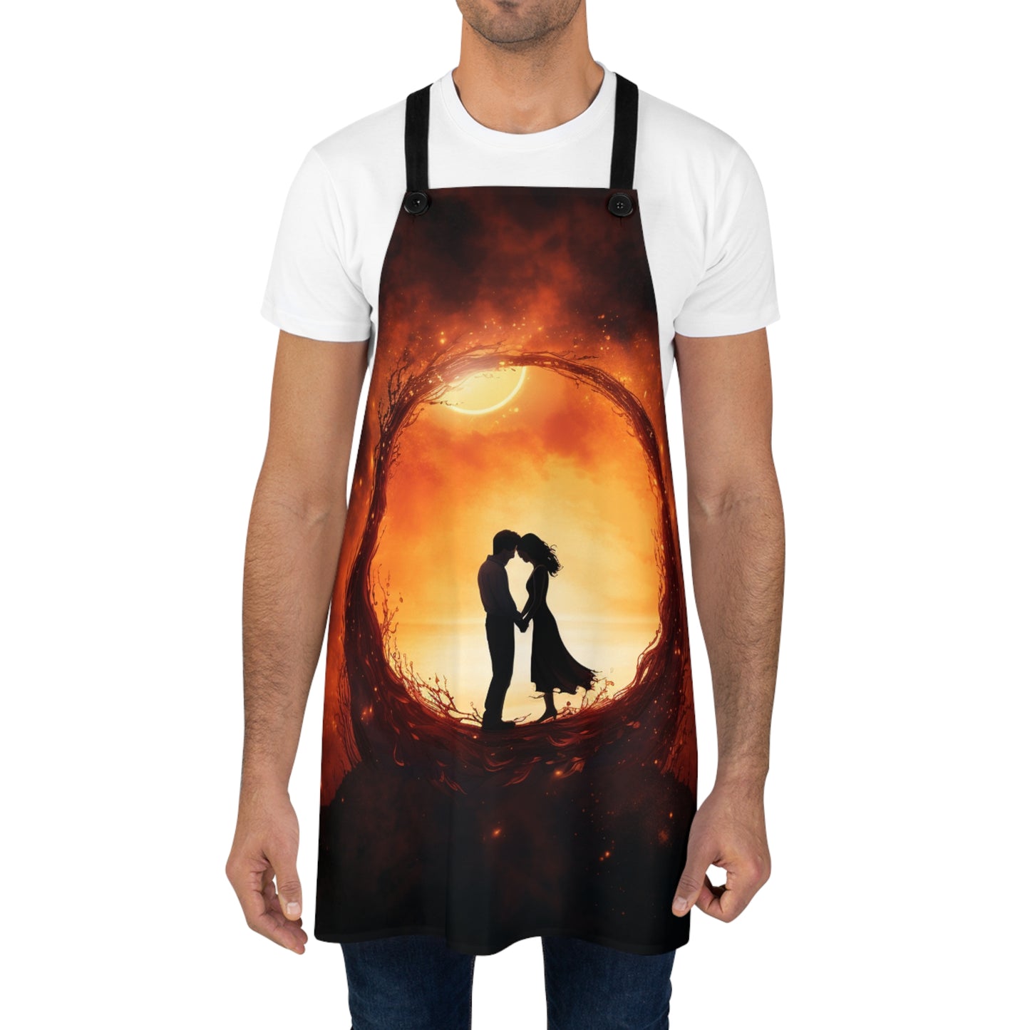 Romantic Eclipse: Hand-in-Hand Lovers Apron with Celestial Charm