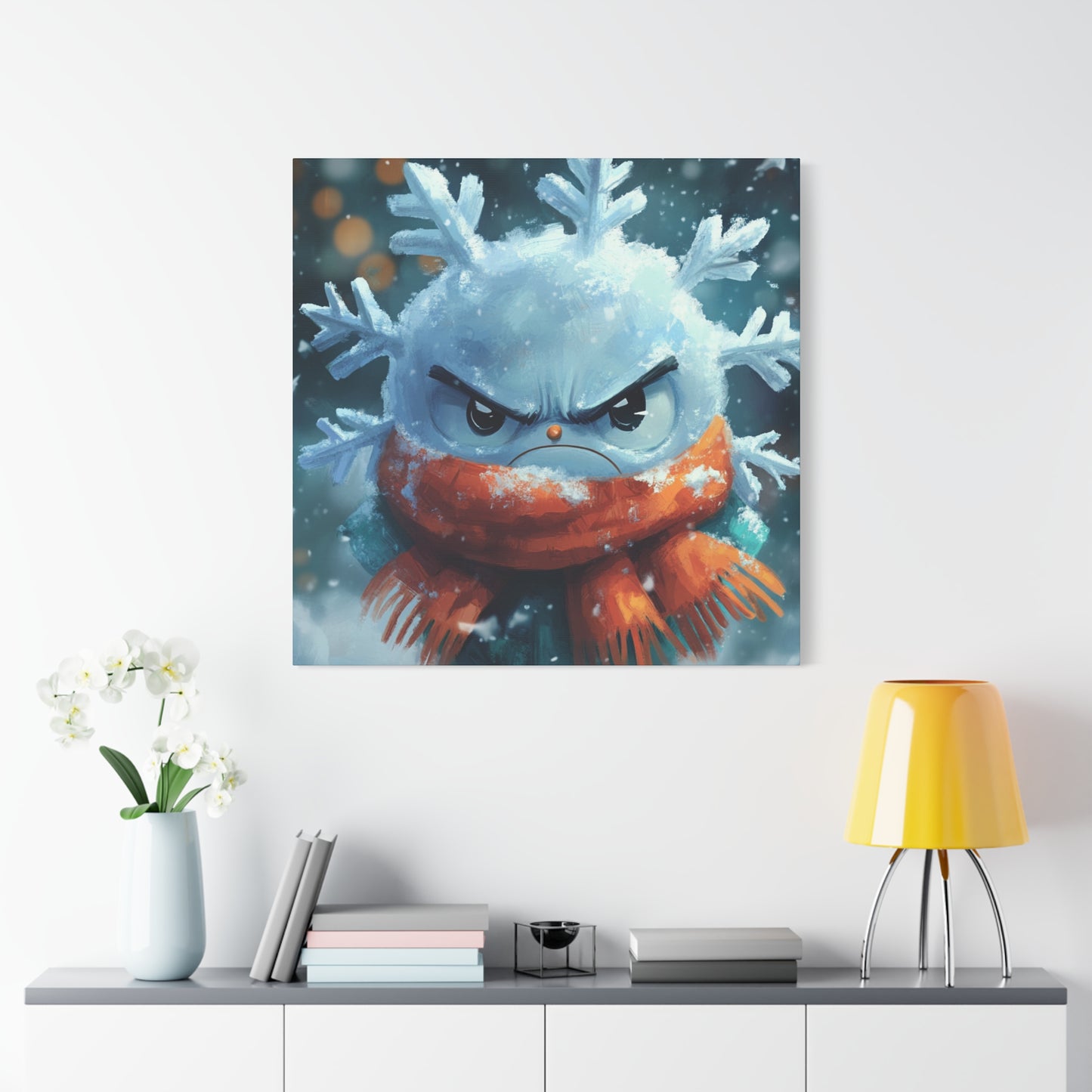 Adorable Grumpy Snowflake with Scarf - Unique Holiday Canvas Decor, Whimsical Grumpy Snowflake Canvas Art - Cute Winter Wall Decor