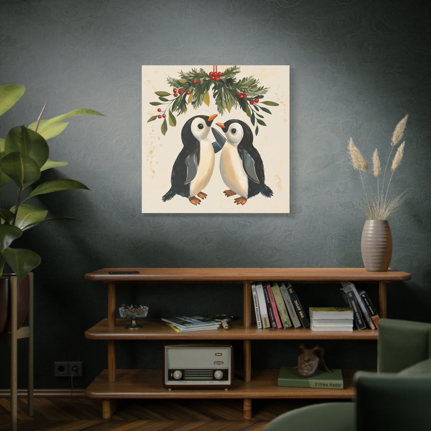 Adorable Christmas Wall Art: Penguins' Awkward Mistletoe Moment, Cute Cartoon Penguins Under Mistletoe - Funny Christmas Canvas Wall Art