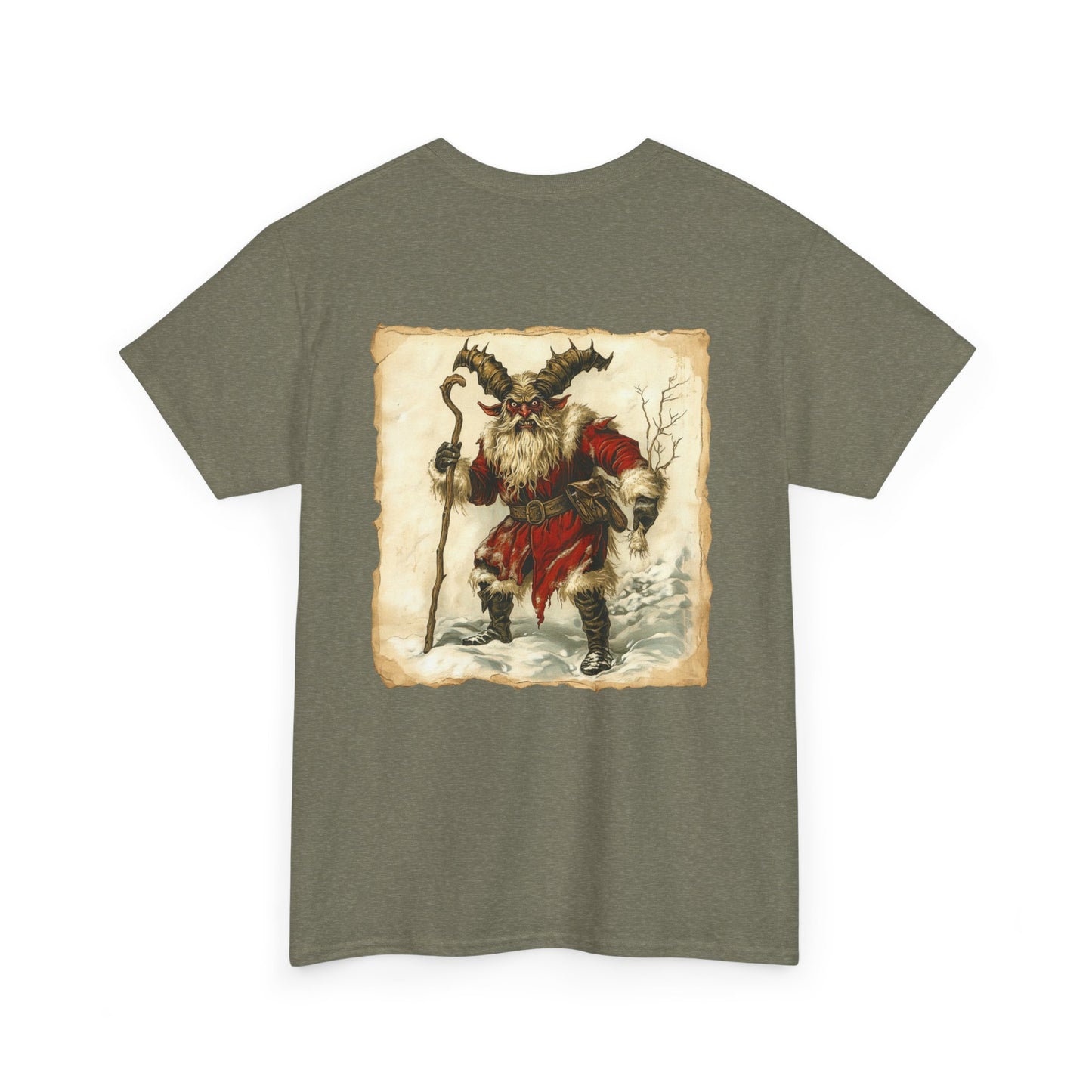 Vintage Krampus Unisex T-Shirt on Back, Dark Christmas Holiday, Xmas Devil Creature, Skeletal Reindeer, Santa Skull, Merry Creepmas