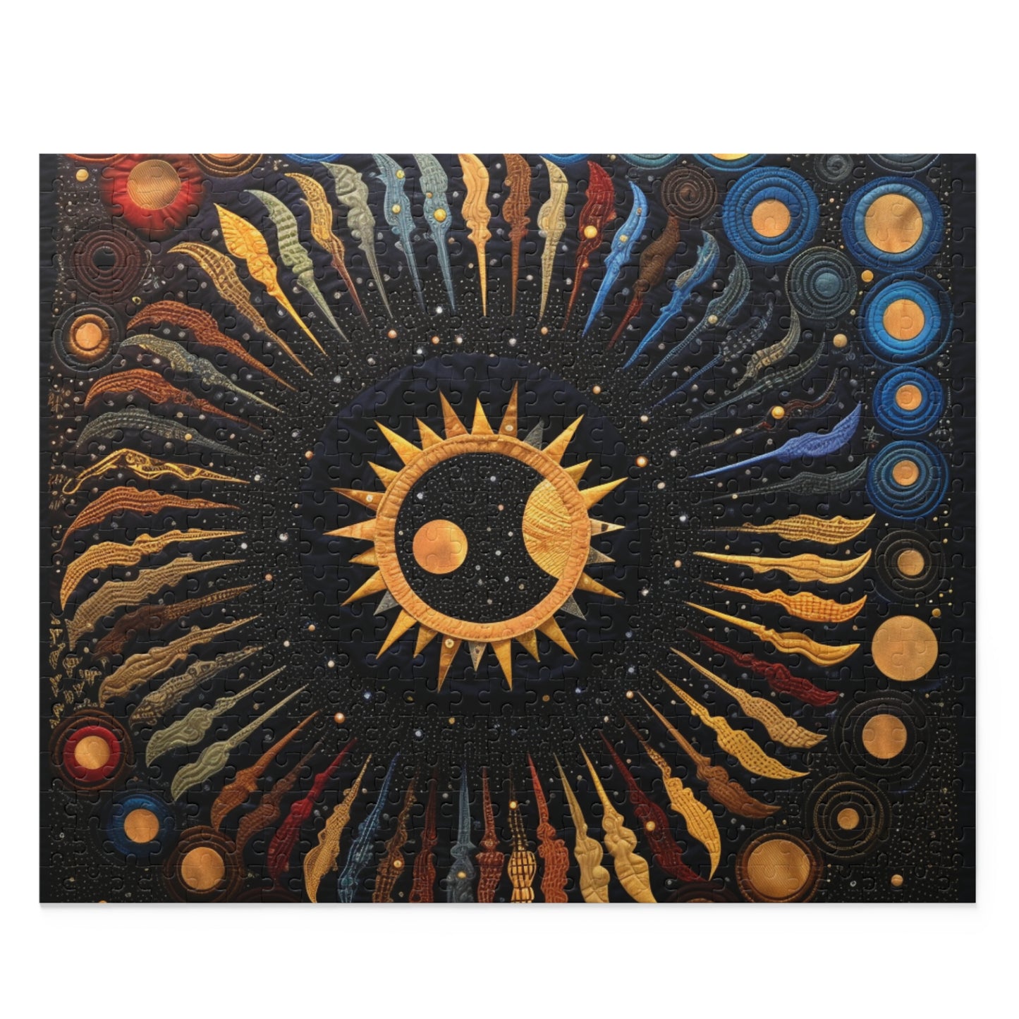 Quilt-Inspired Puzzle featuring Sun and Moon Designs - Fun and Unique, Celestial Sun and Moon Puzzle in Quilt-Inspired Style