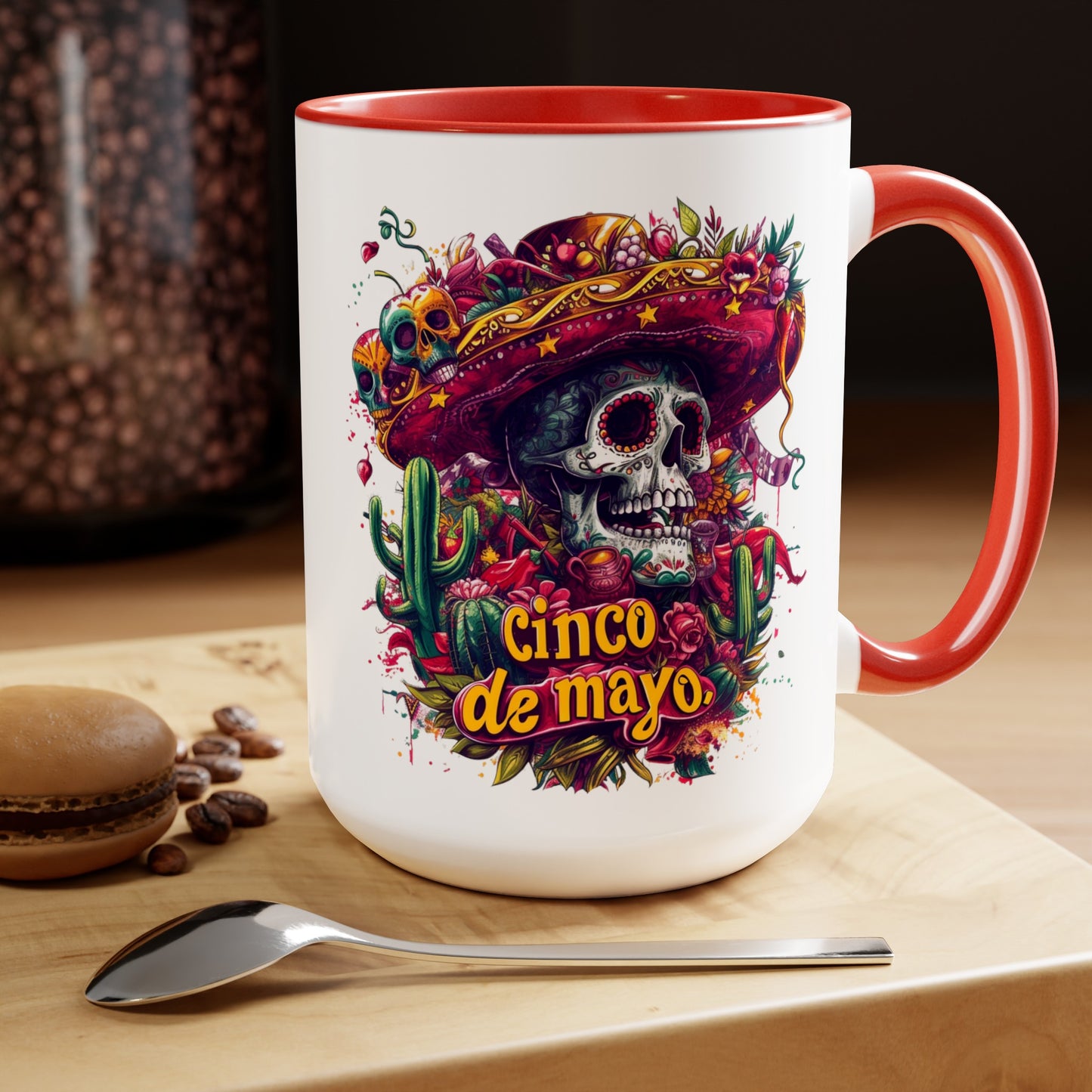 Festive Skull Design Cinco de Mayo Mug - Day of the Dead Inspired, Colorful Decorated Skull Mug for Cinco de Mayo - 15 oz. Capacity