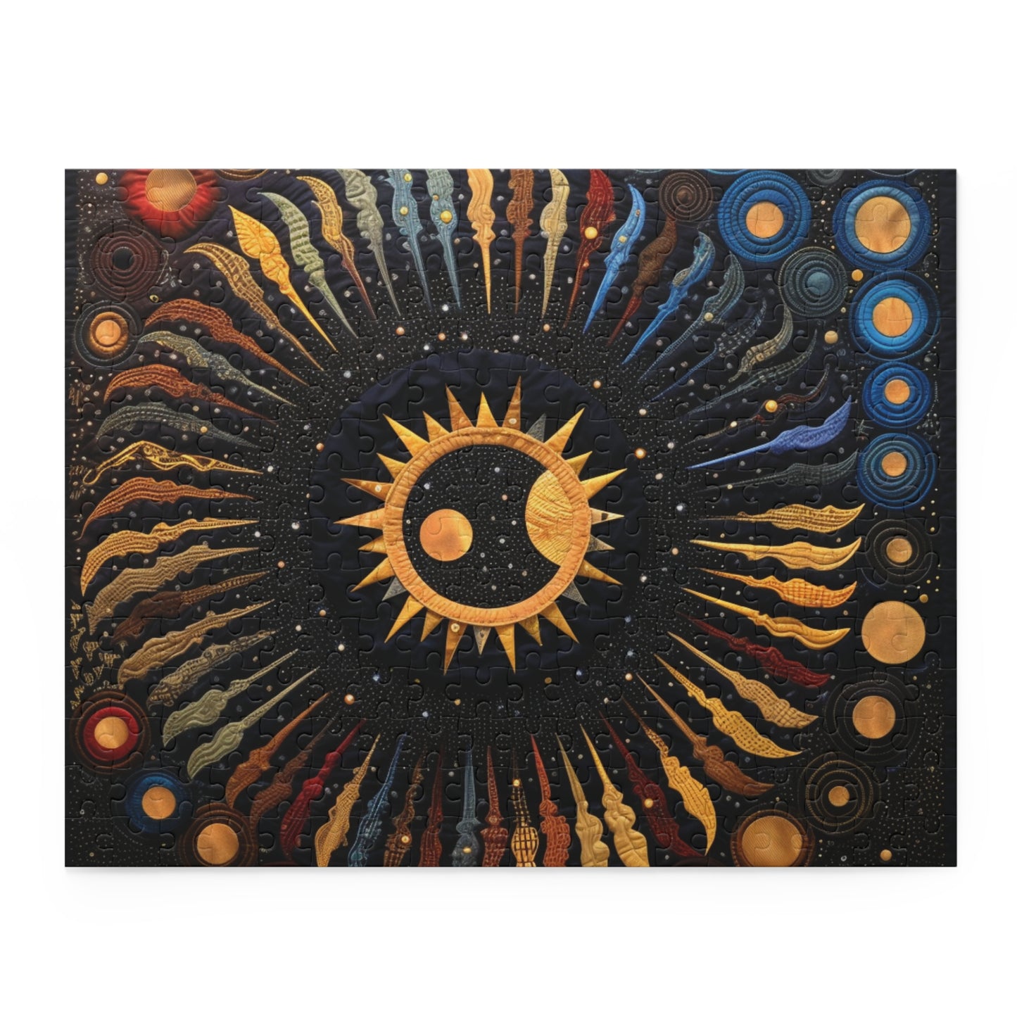 Quilt-Inspired Puzzle featuring Sun and Moon Designs - Fun and Unique, Celestial Sun and Moon Puzzle in Quilt-Inspired Style