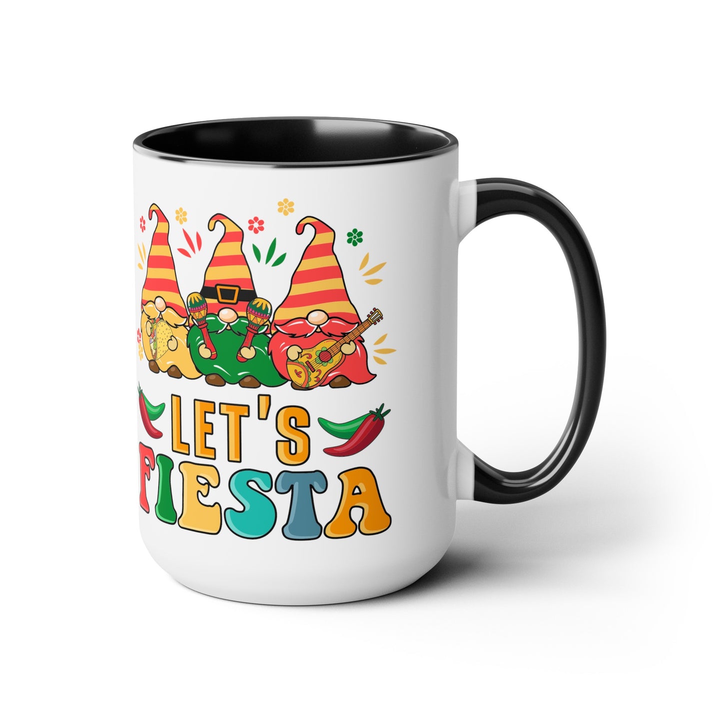 Fiesta Flare Gnomes Mug - Let's Fiesta 15 oz Ceramic Cup, Colorful Fiesta Gnomes 15 oz Mug - Let's Fiesta Party Vibes