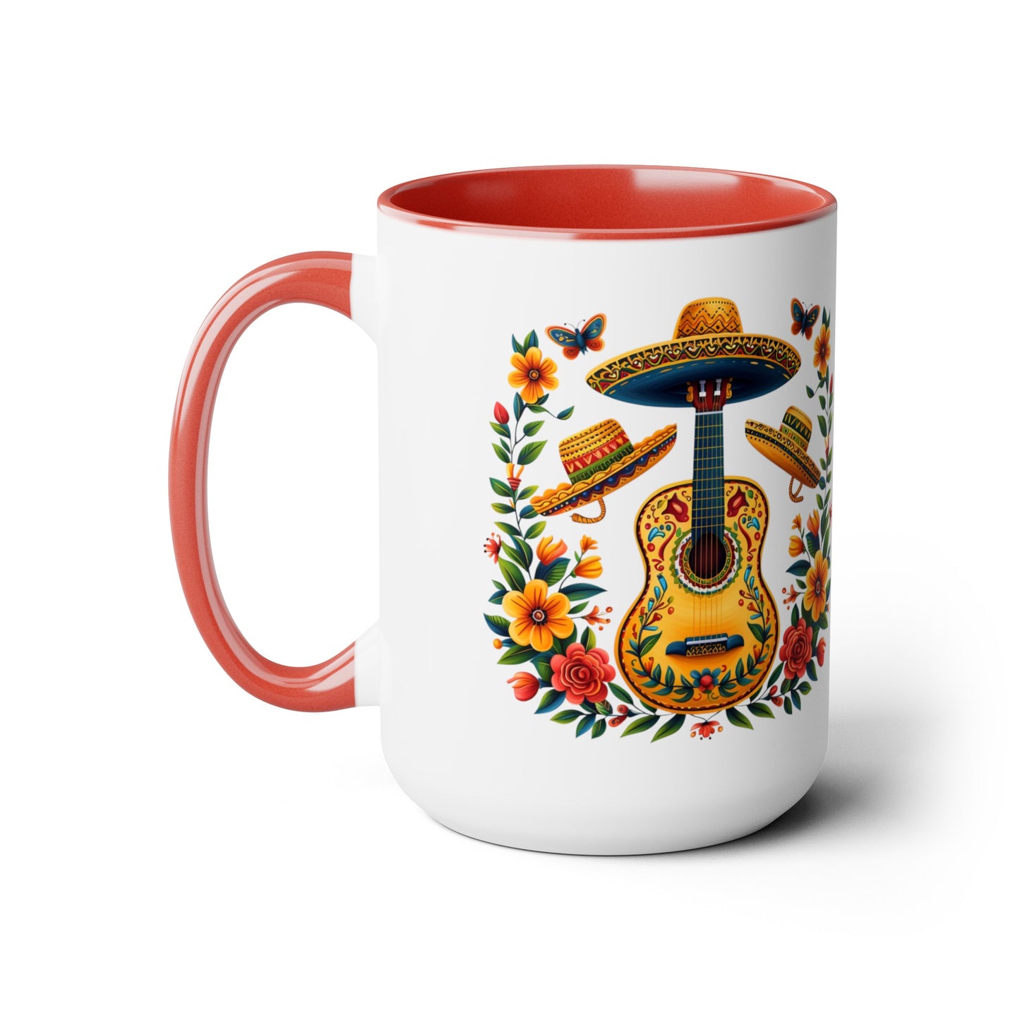 Mexican Inspired 15 oz. Mug featuring Guitars, Sombreros, & Vibrant Flowers - Gift for Music and Nature Lovers