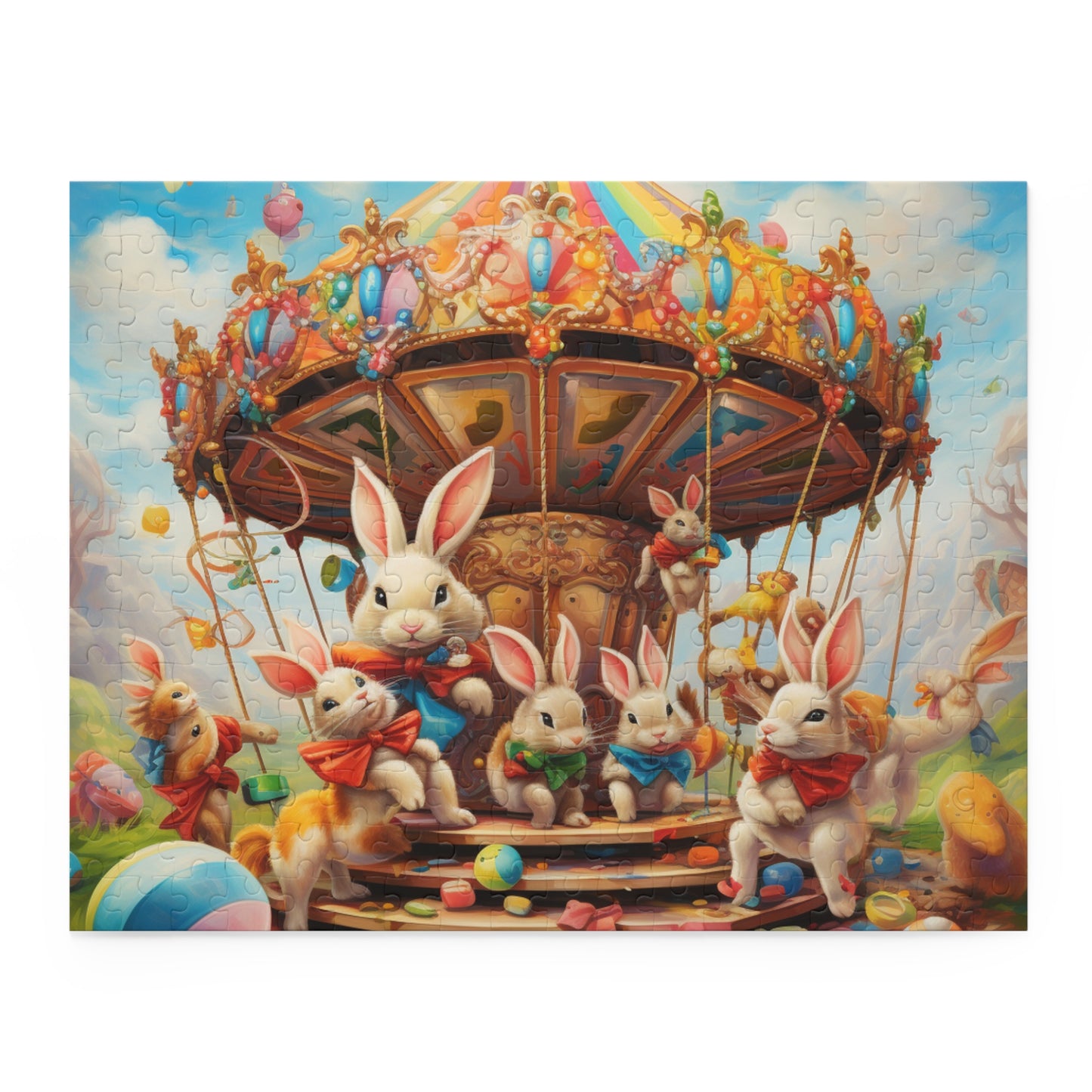 Easter Bunny Carousel Puzzle, Easter Eggs Bunny Jigsaw Puzzle (120, 252, 500-Piece) Family Puzzles, Kids Puzzle, Easter Gifts, Easter Decor