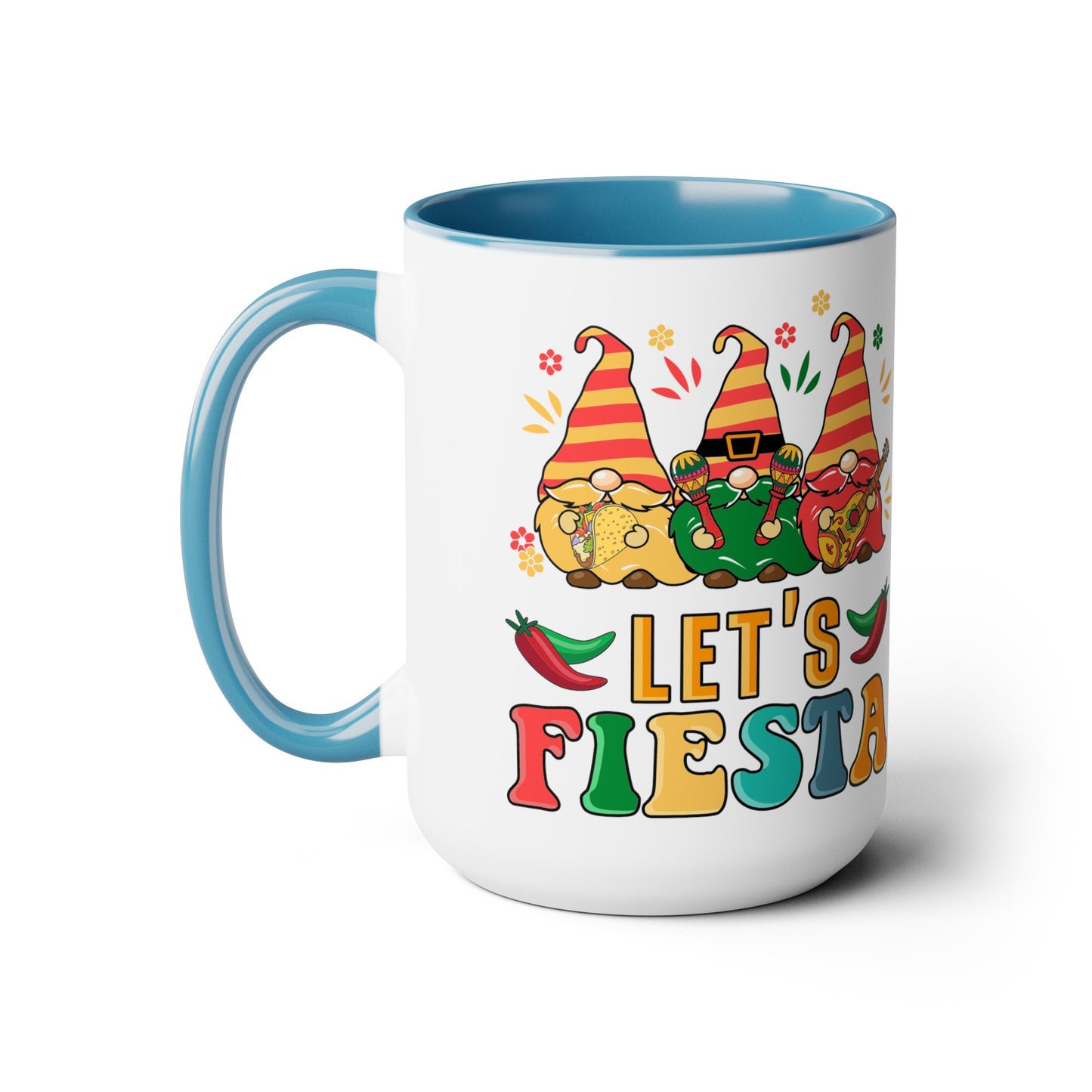 Fiesta Flare Gnomes Mug - Let's Fiesta 15 oz Ceramic Cup, Colorful Fiesta Gnomes 15 oz Mug - Let's Fiesta Party Vibes