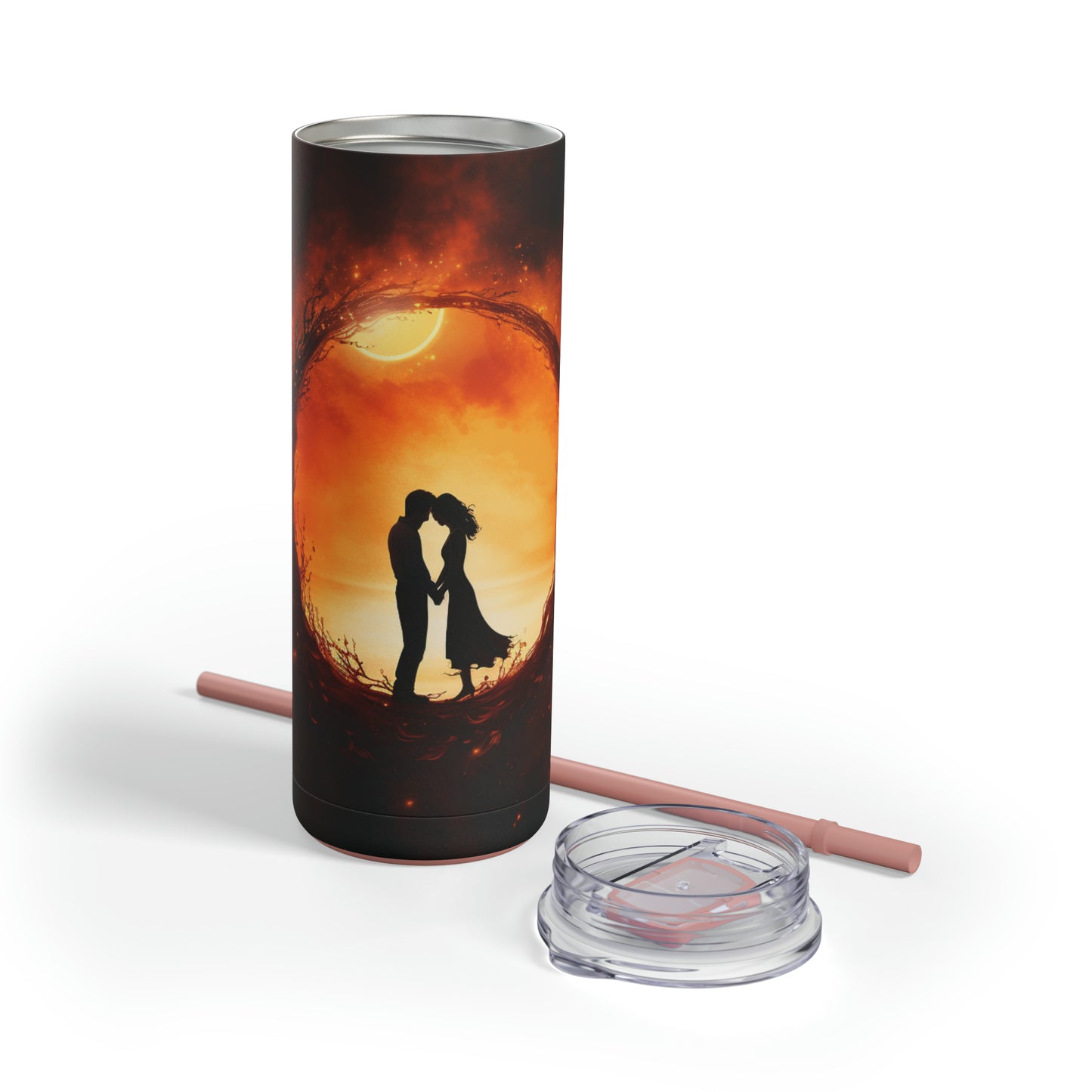 Romantic Eclipse Bliss: Two Lovers Embracing on a 20 oz. Tumbler, Celestial Love Maars Maker Skinny Matte Tumbler, 20oz