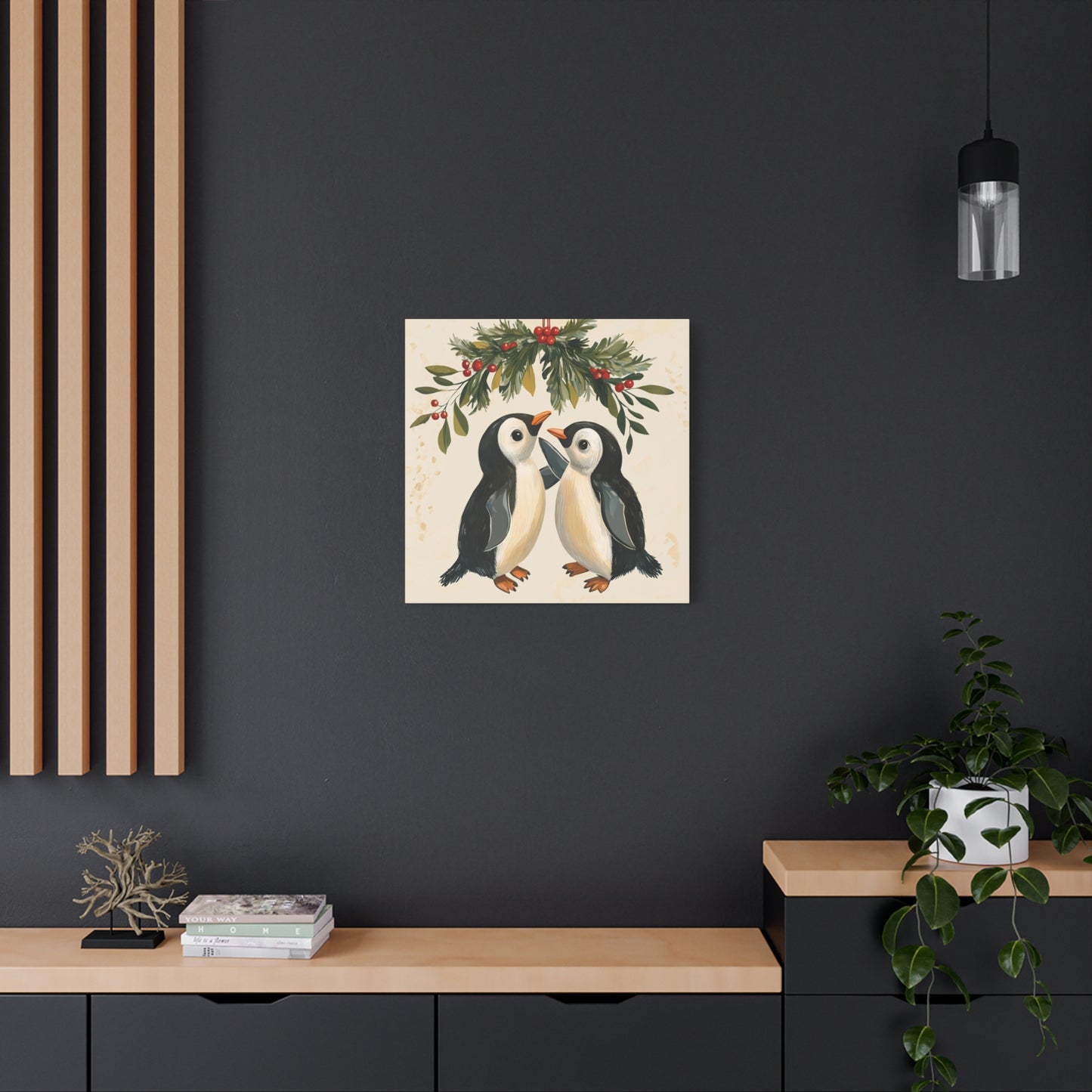 Adorable Christmas Wall Art: Penguins' Awkward Mistletoe Moment, Cute Cartoon Penguins Under Mistletoe - Funny Christmas Canvas Wall Art