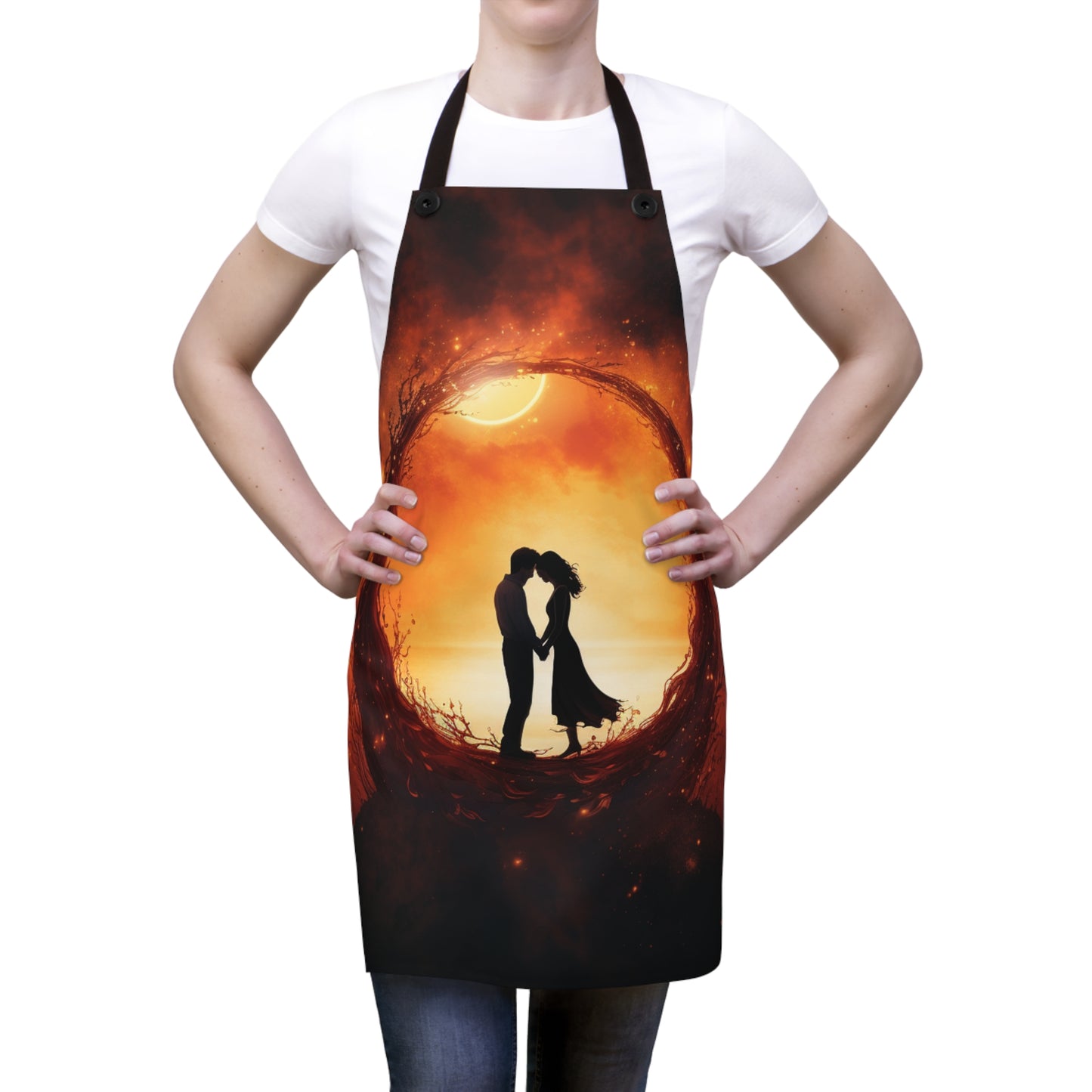 Romantic Eclipse: Hand-in-Hand Lovers Apron with Celestial Charm