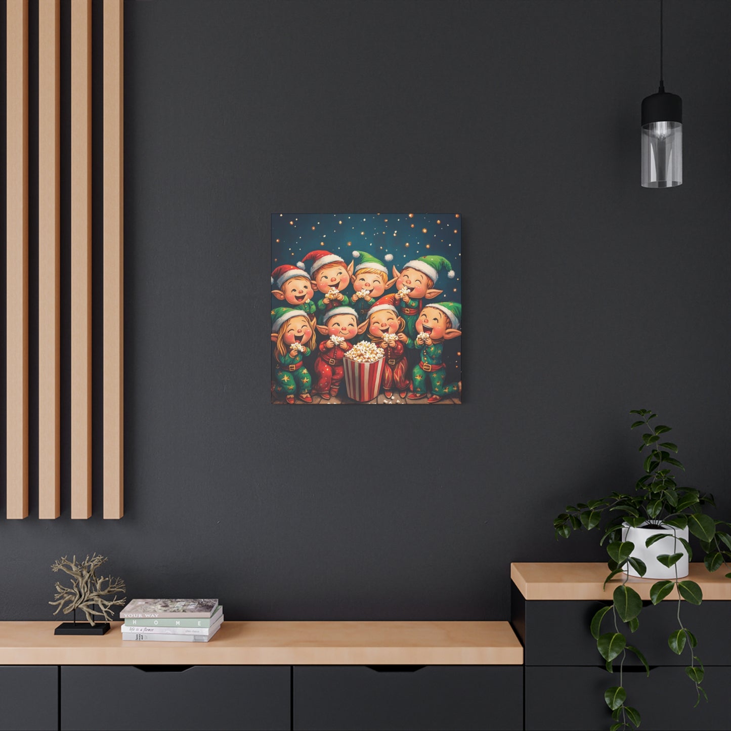 Vibrant Holiday Canvas Art: Elves in Pajamas Sharing Popcorn Magic, Cheerful Elves Enjoying a Cozy Christmas Sleepover, Colorful Wall Art